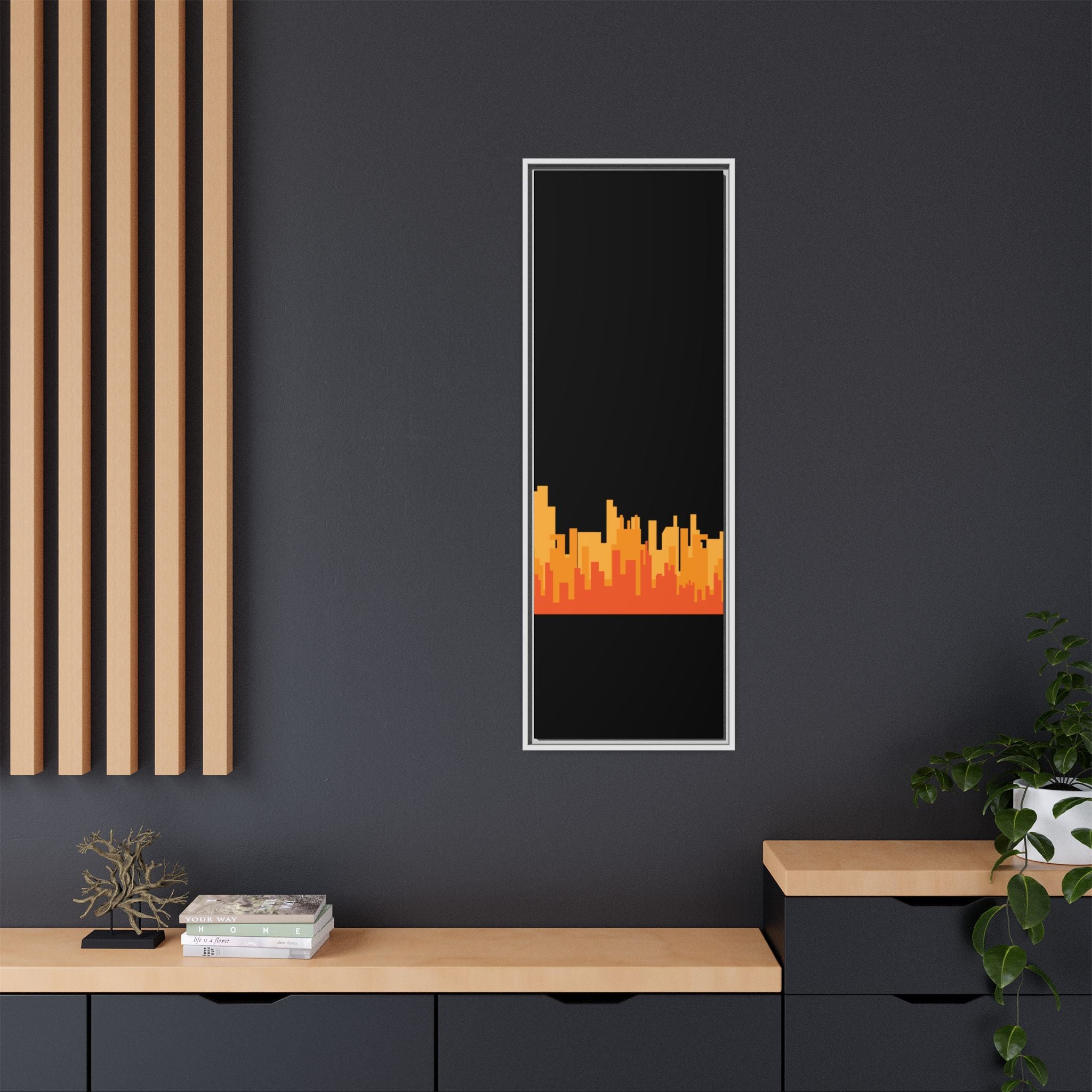 City Skyline Matte Canvas Print — Modern Pixelated Orange Urban Art (Framed)