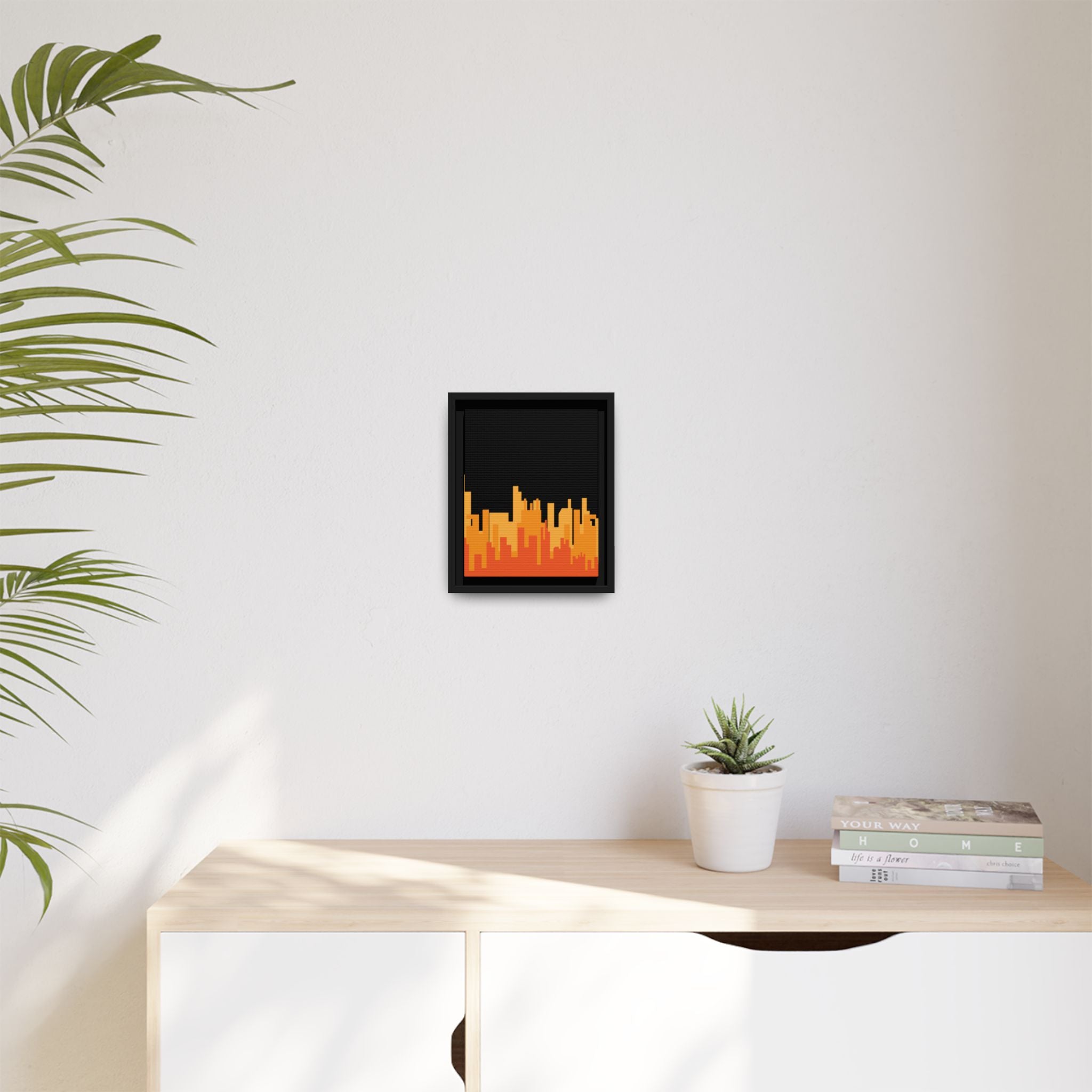 City Skyline Matte Canvas Print — Modern Pixelated Orange Urban Art (Framed)