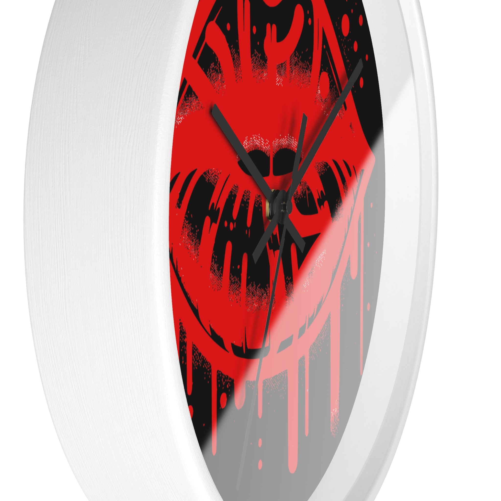 Red Graffiti Kiss Wall Clock on Black— Bold Drip Lip Art Clock