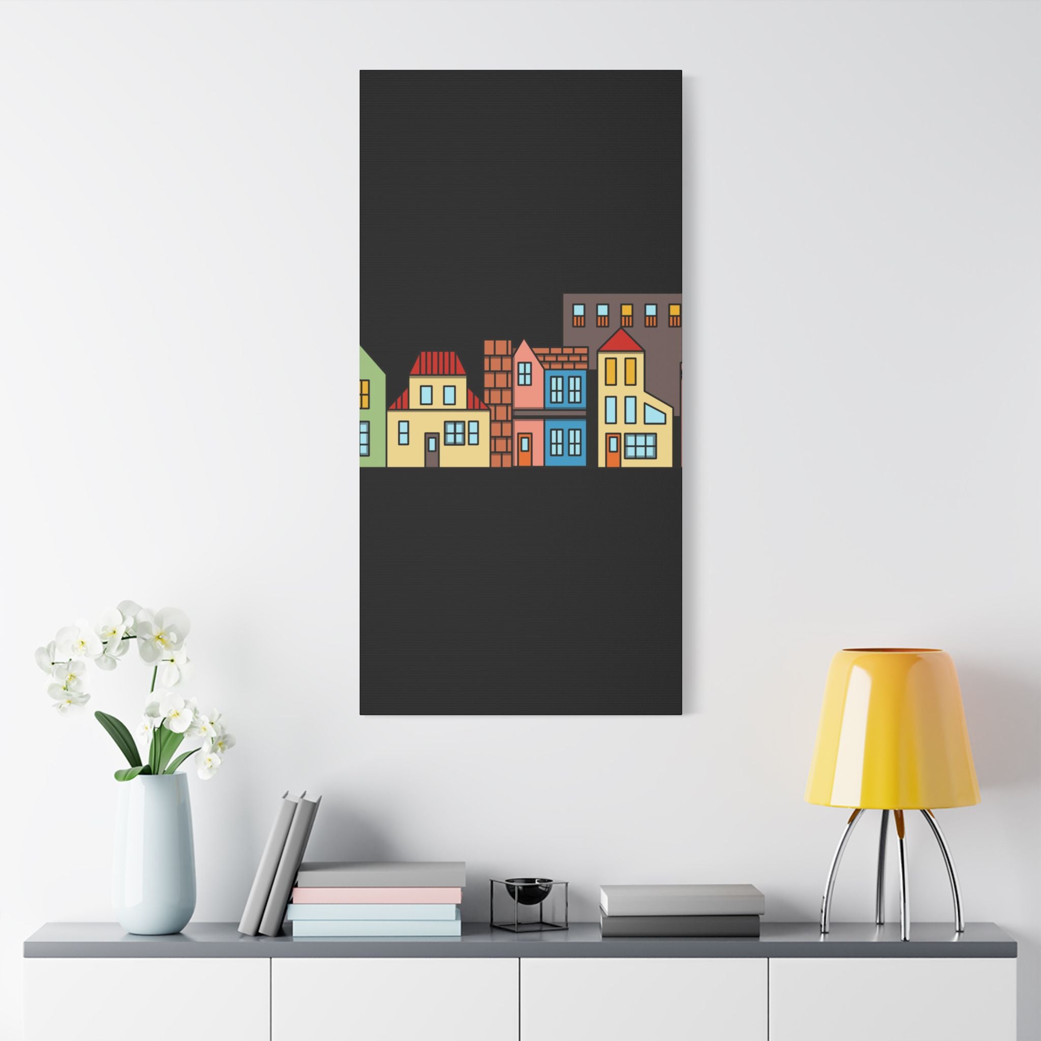 Colorful Row Houses Satin Canvas Wall Art — Stretched Cityscape Print