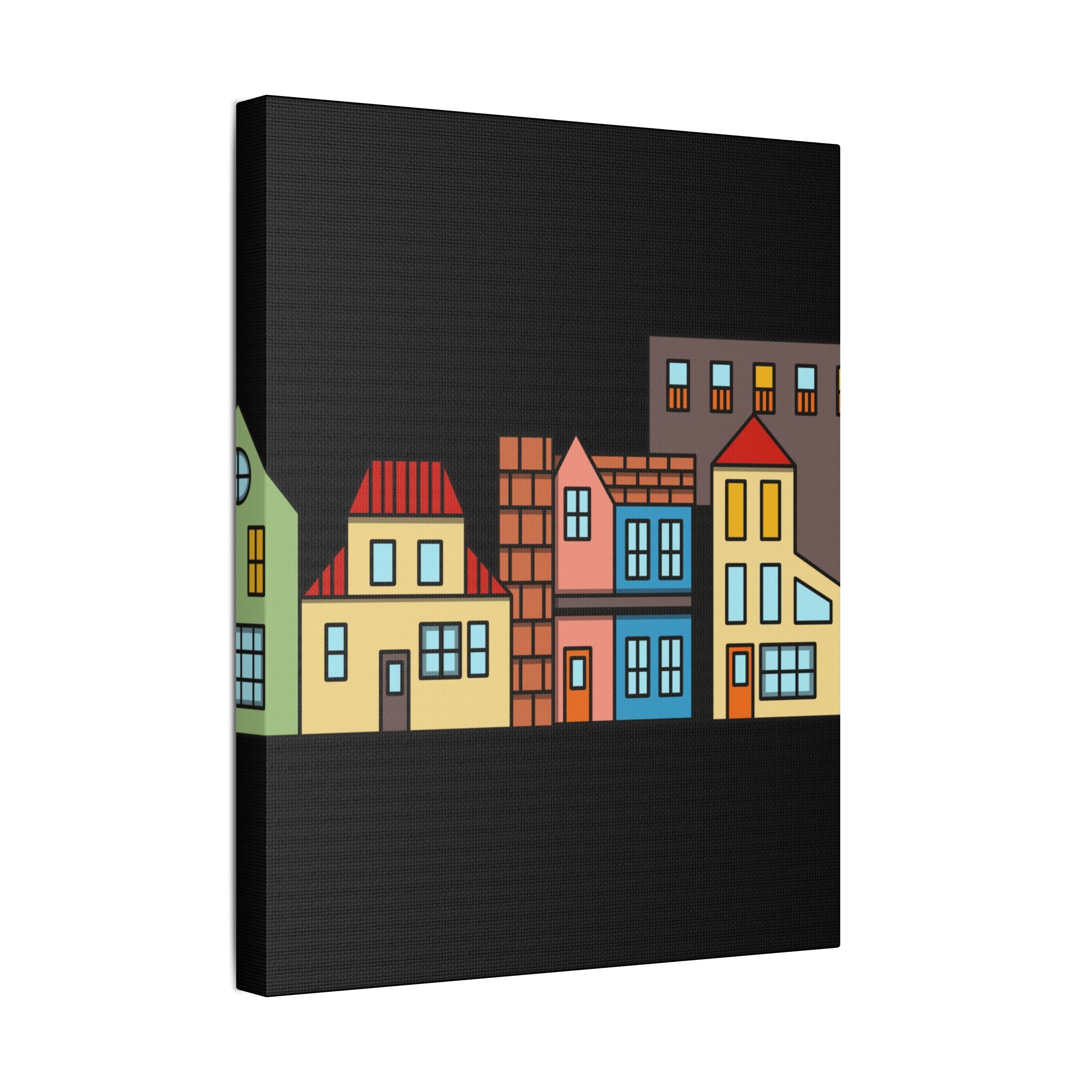 Colorful Row Houses Satin Canvas Wall Art — Stretched Cityscape Print