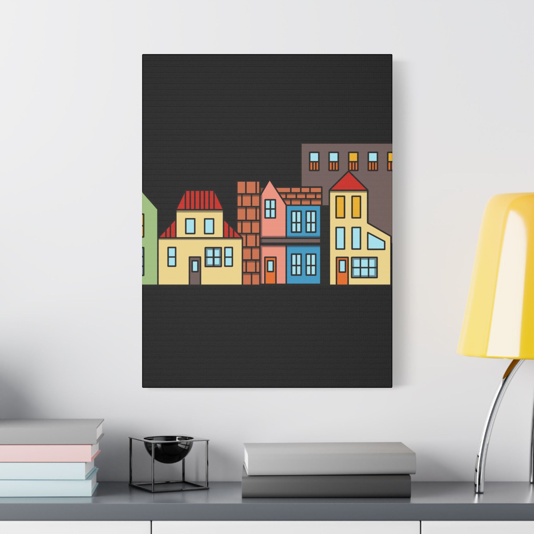 Colorful Row Houses Satin Canvas Wall Art — Stretched Cityscape Print