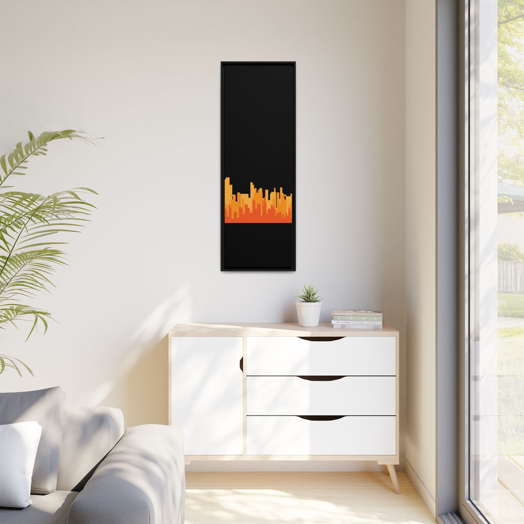 City Skyline Matte Canvas Print — Modern Pixelated Orange Urban Art (Framed)