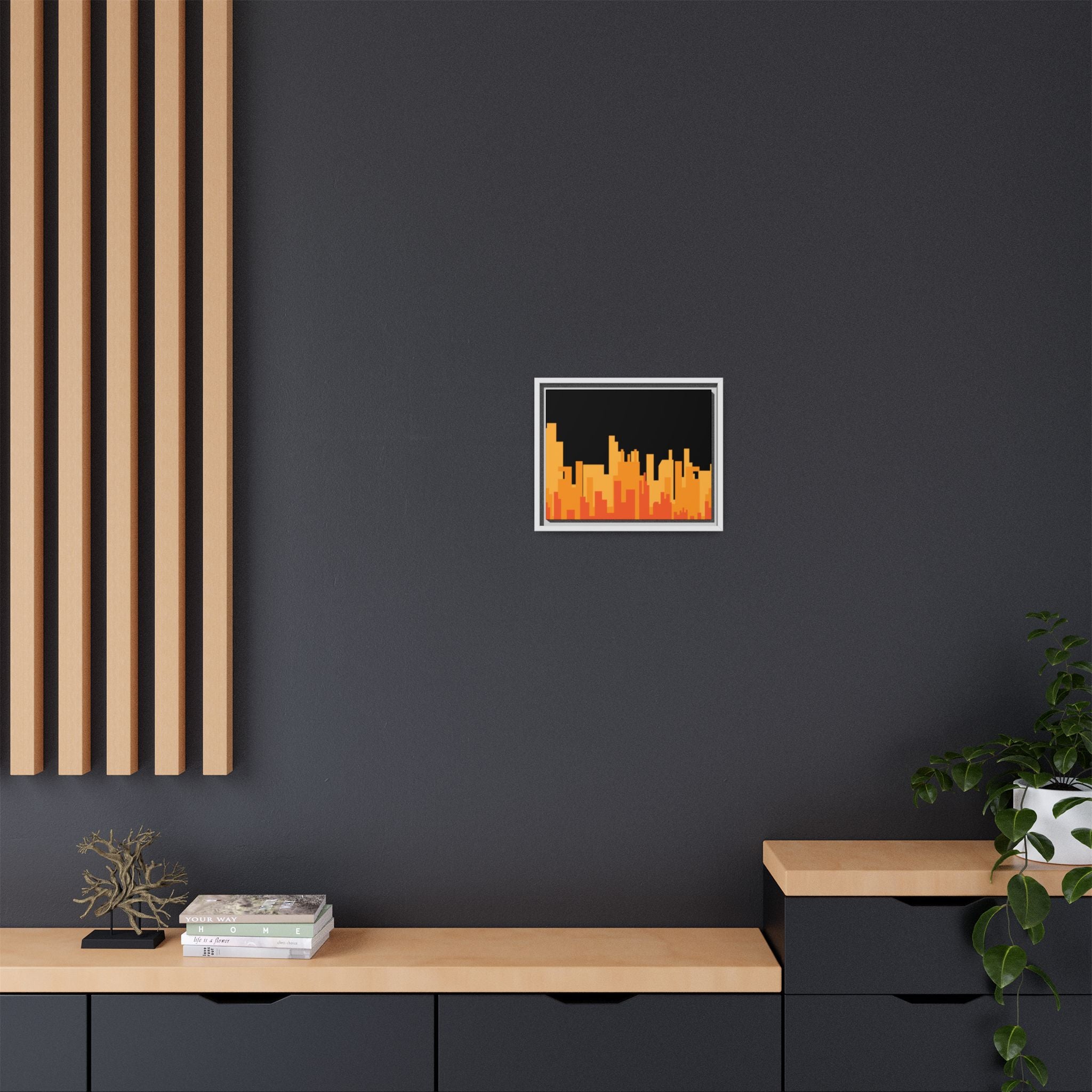 City Skyline Matte Canvas Print — Modern Pixelated Orange Urban Art (Framed)