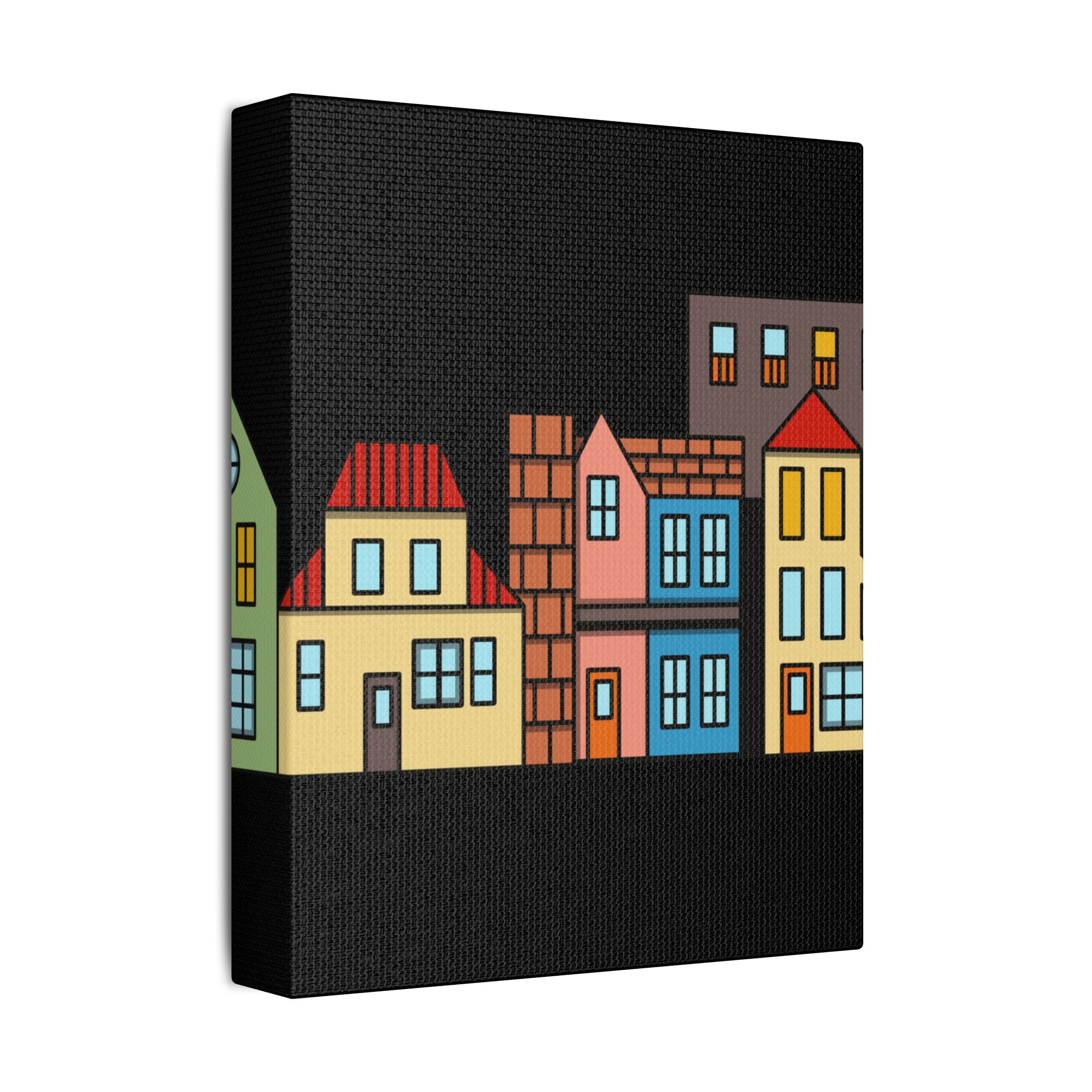 Colorful Row Houses Satin Canvas Wall Art — Stretched Cityscape Print