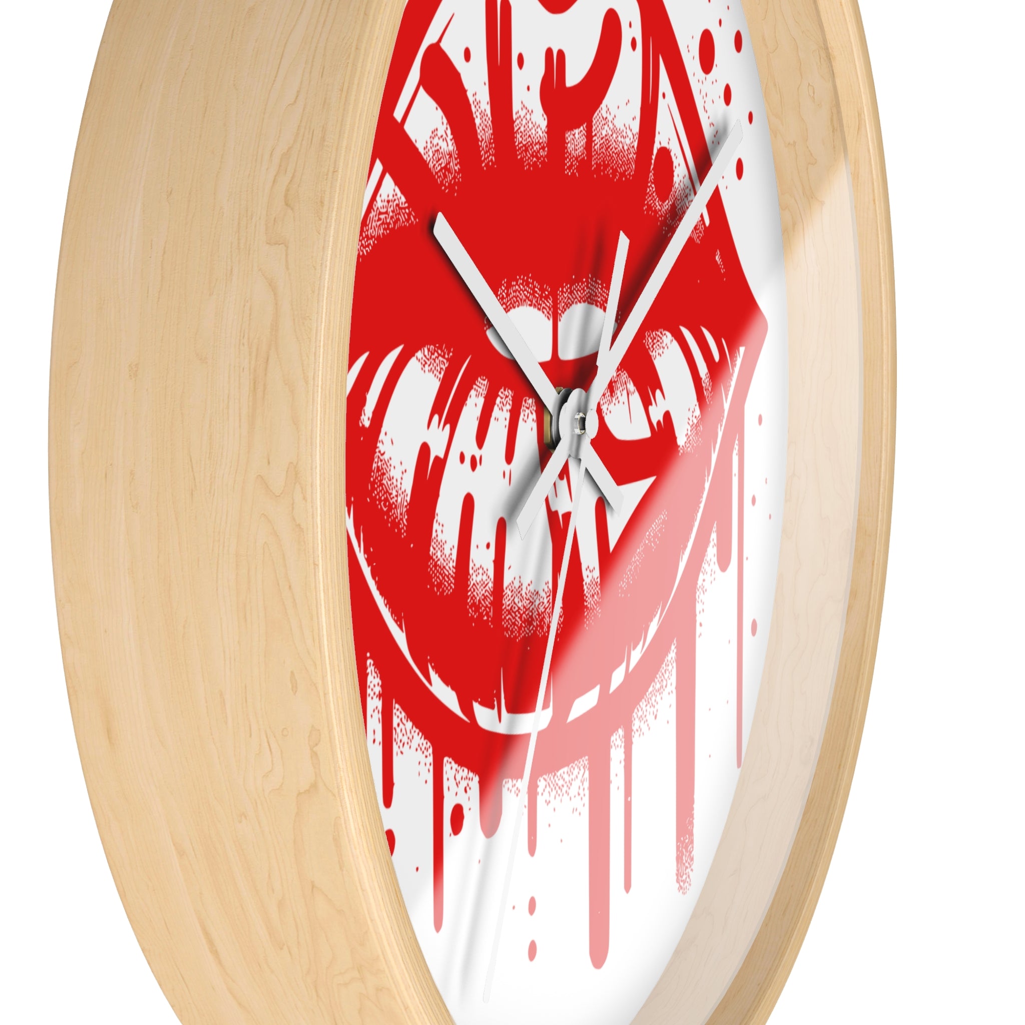 Red Graffiti Kiss Wall Clock on White — Bold Drip Lip Art Clock
