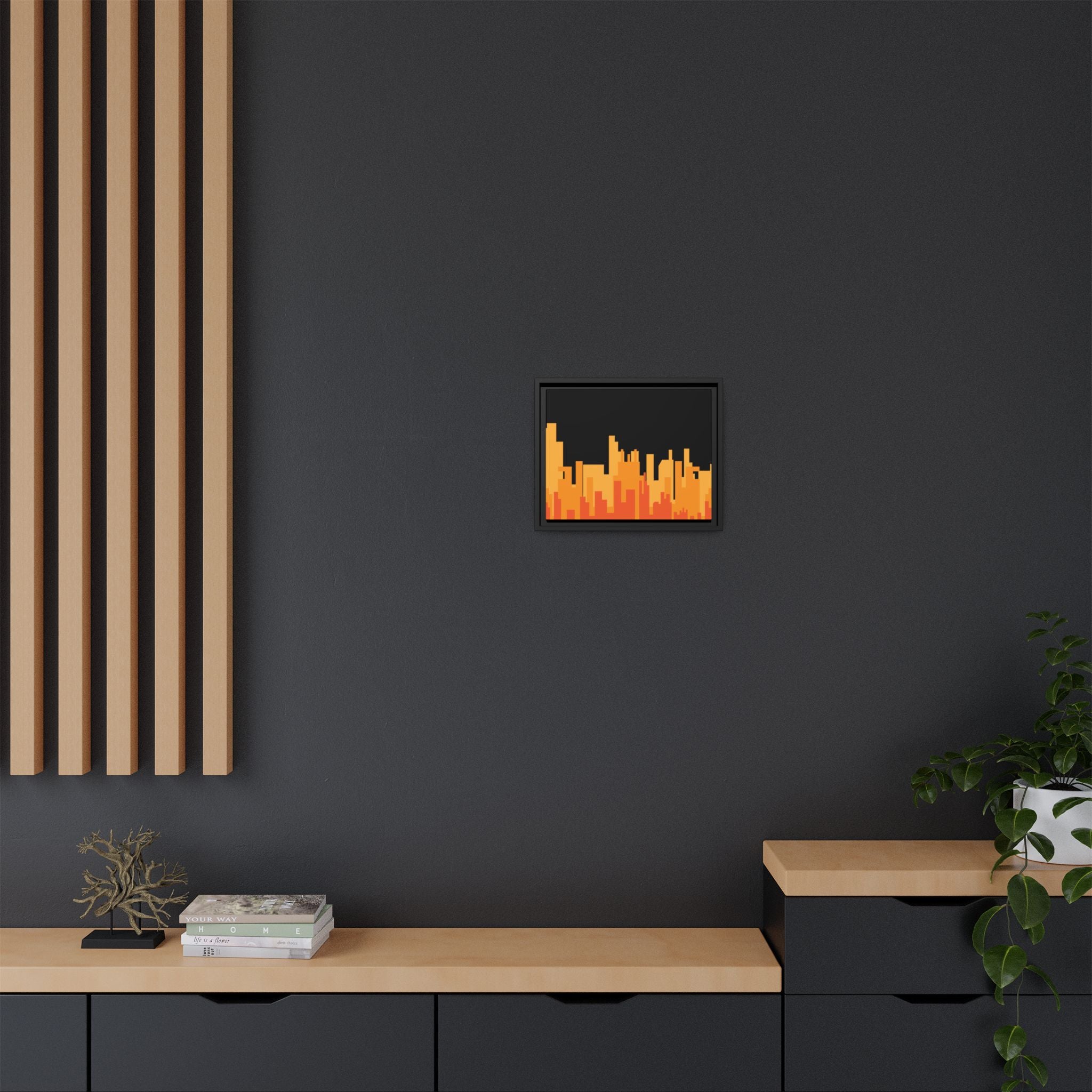 City Skyline Matte Canvas Print — Modern Pixelated Orange Urban Art (Framed)