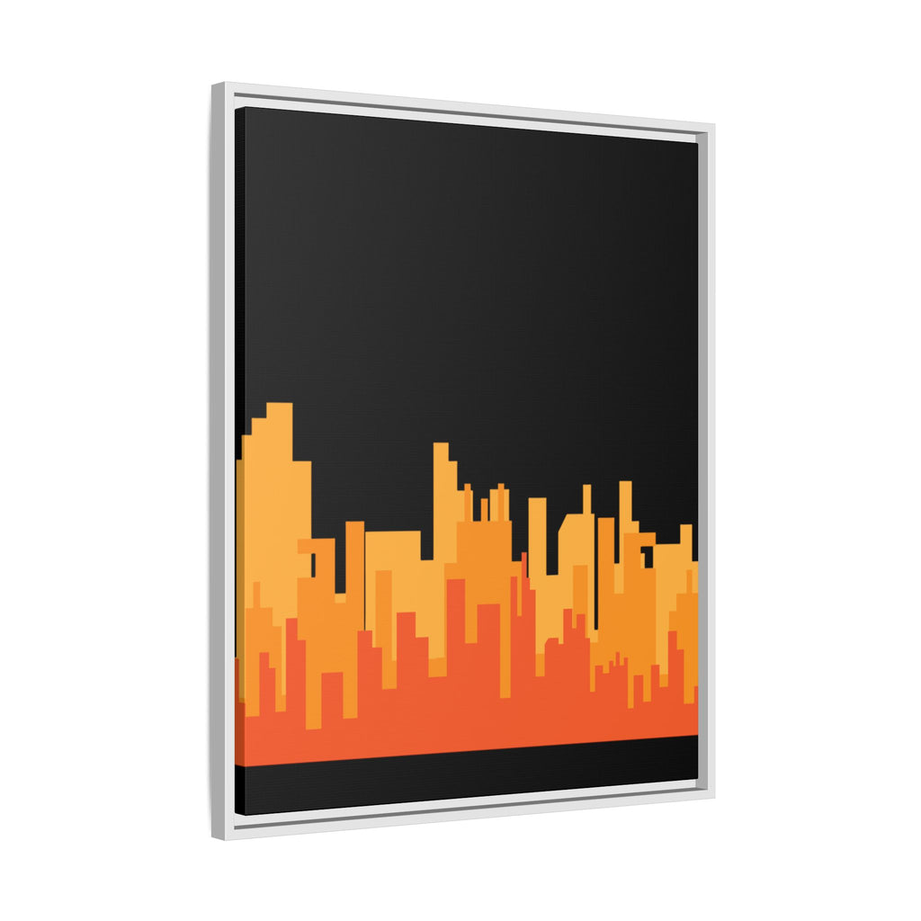 City Skyline Matte Canvas Print — Modern Pixelated Orange Urban Art (Framed)