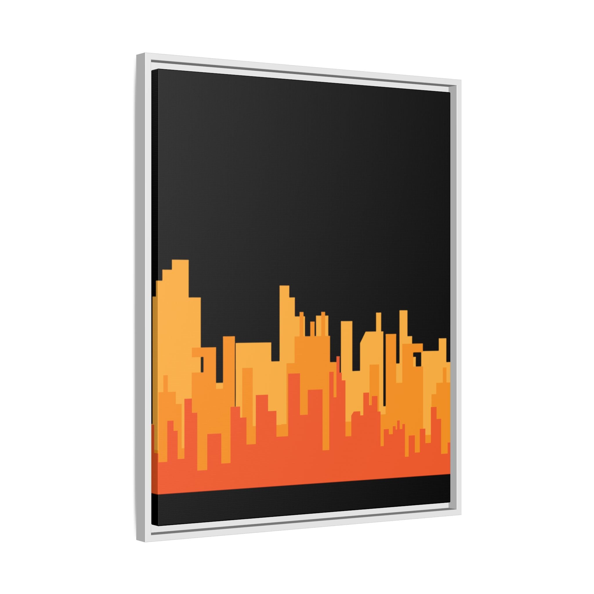 City Skyline Matte Canvas Print — Modern Pixelated Orange Urban Art (Framed)