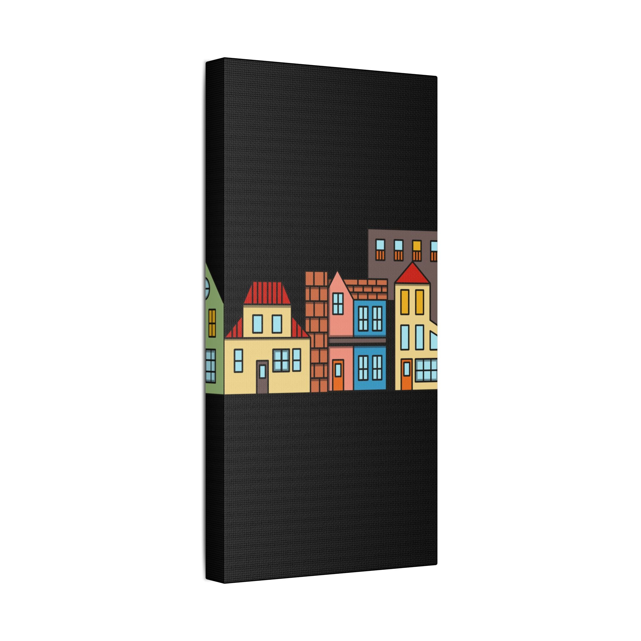 Colorful Row Houses Satin Canvas Wall Art — Stretched Cityscape Print