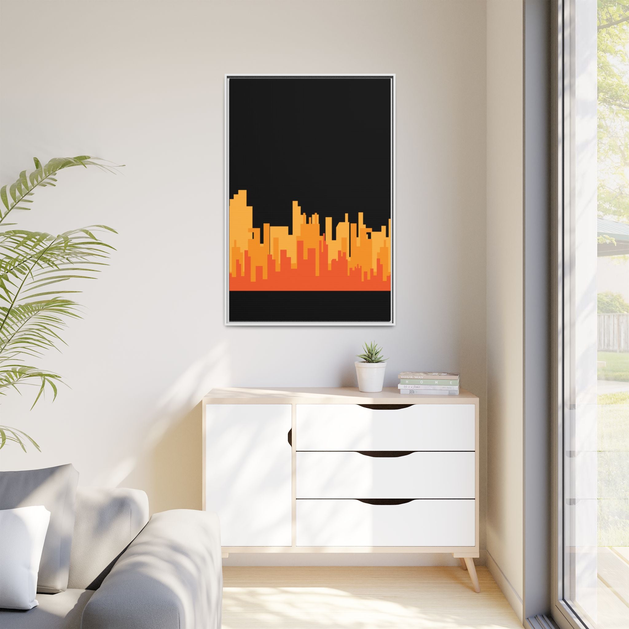 City Skyline Matte Canvas Print — Modern Pixelated Orange Urban Art (Framed)