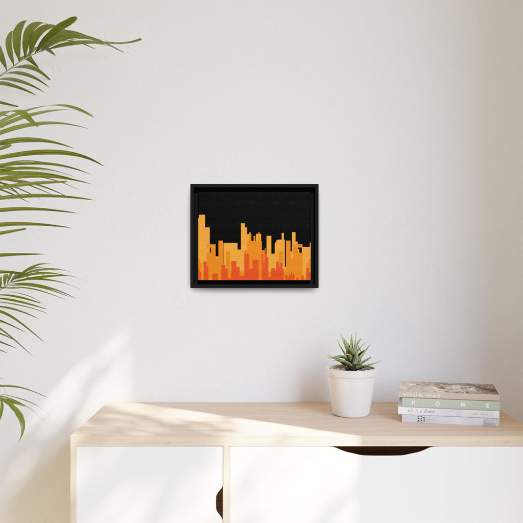 City Skyline Matte Canvas Print — Modern Pixelated Orange Urban Art (Framed)