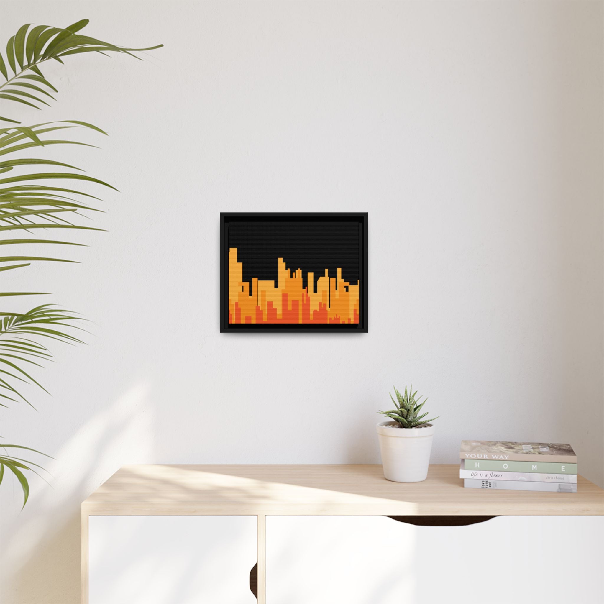 City Skyline Matte Canvas Print — Modern Pixelated Orange Urban Art (Framed)