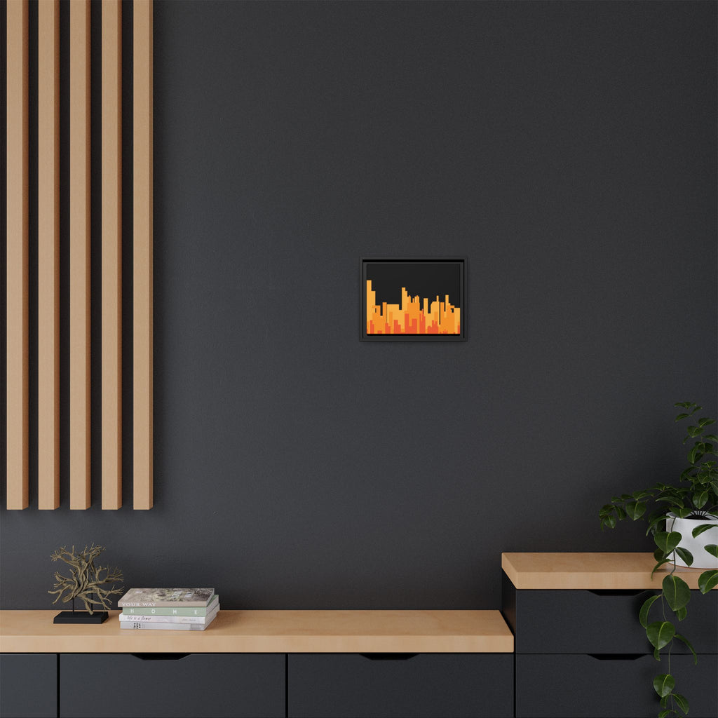 City Skyline Matte Canvas Print — Modern Pixelated Orange Urban Art (Framed)