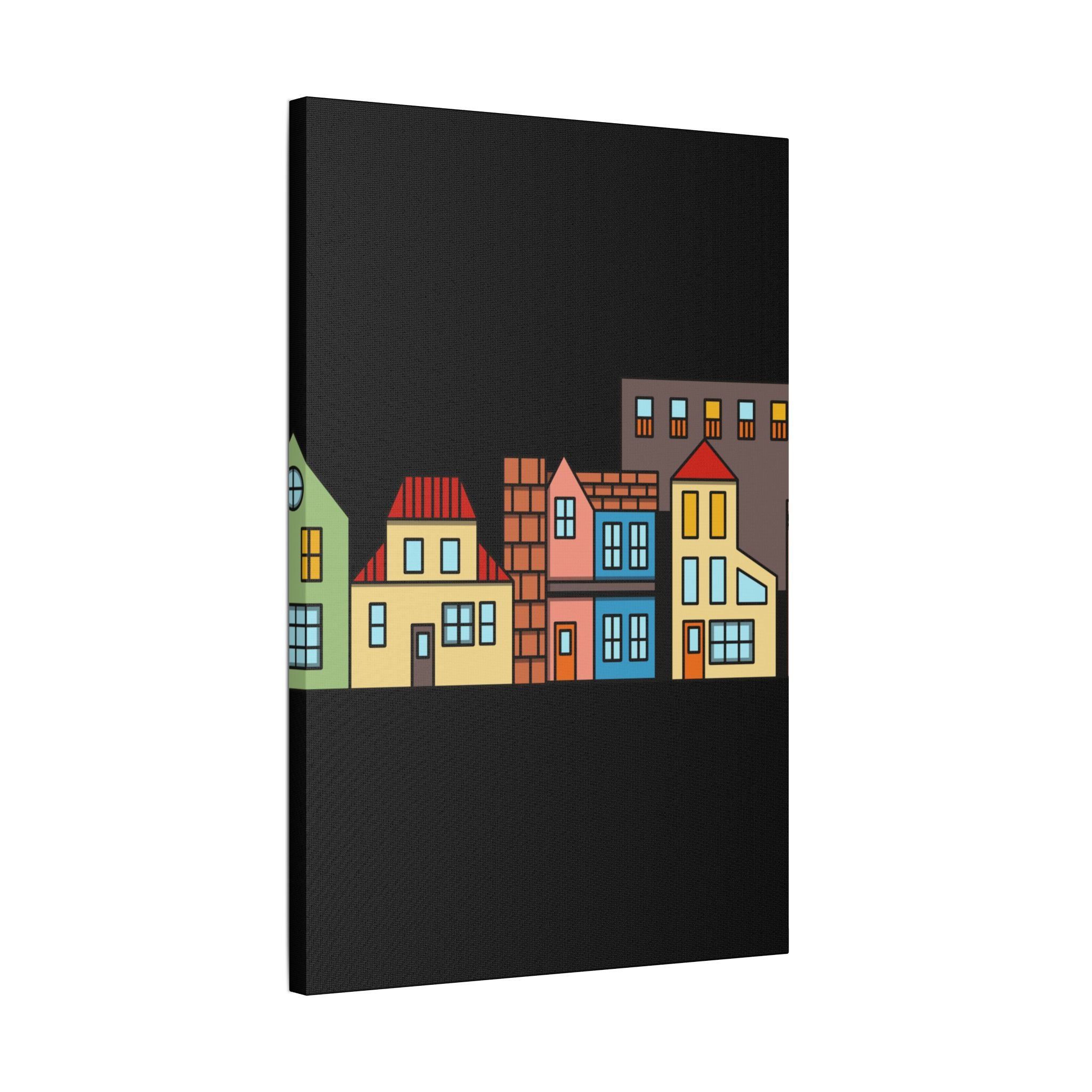 Colorful Row Houses Satin Canvas Wall Art — Stretched Cityscape Print