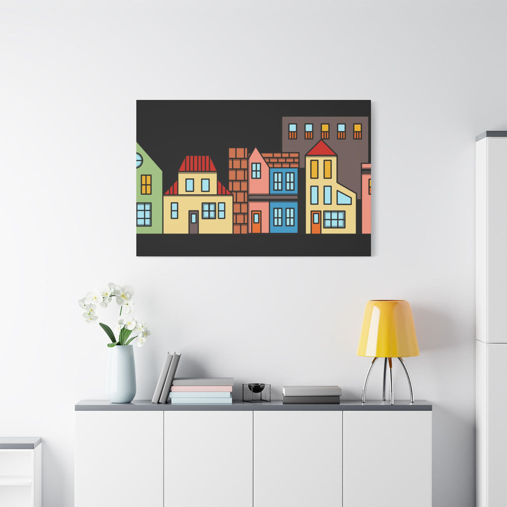 Colorful Row Houses Satin Canvas Wall Art — Stretched Cityscape Print