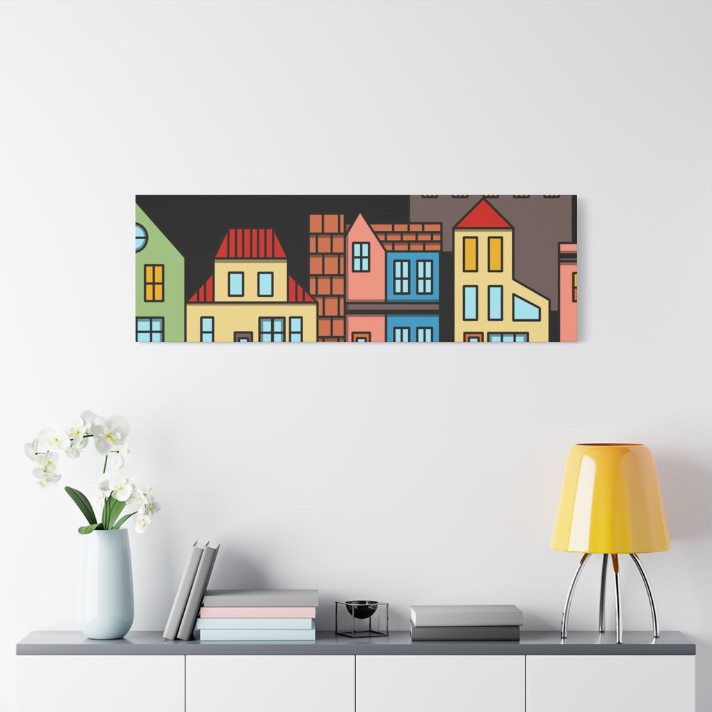 Colorful Row Houses Satin Canvas Wall Art — Stretched Cityscape Print