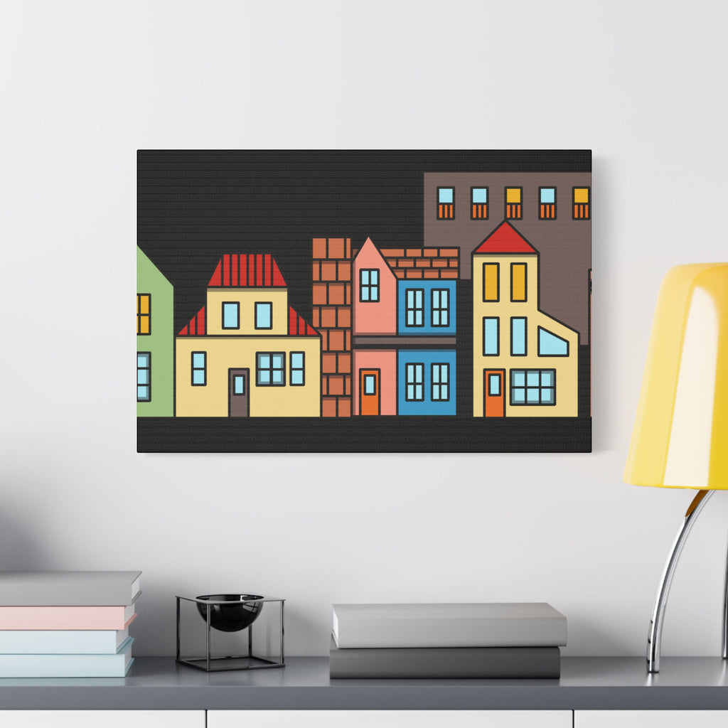 Colorful Row Houses Satin Canvas Wall Art — Stretched Cityscape Print