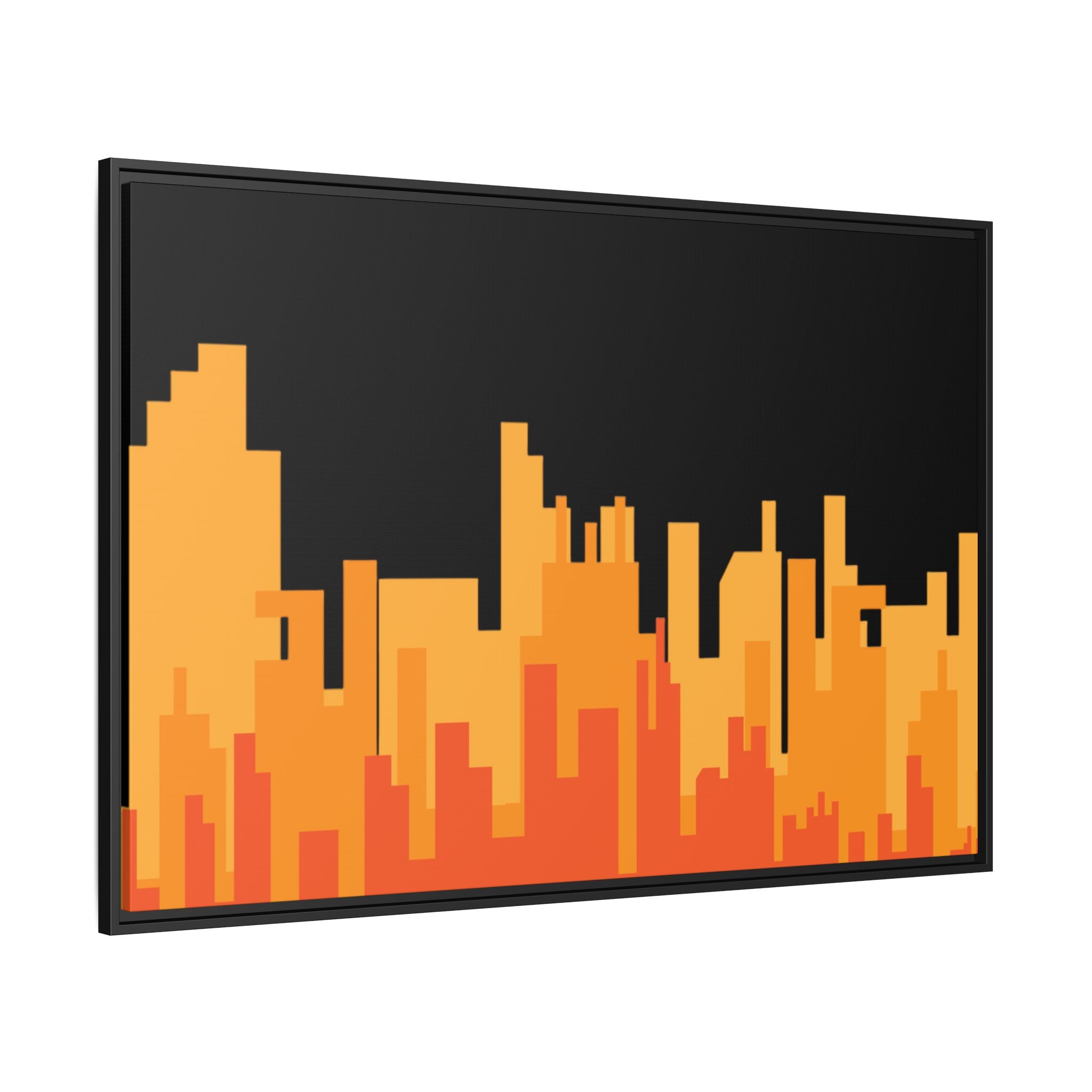City Skyline Matte Canvas Print — Modern Pixelated Orange Urban Art (Framed)