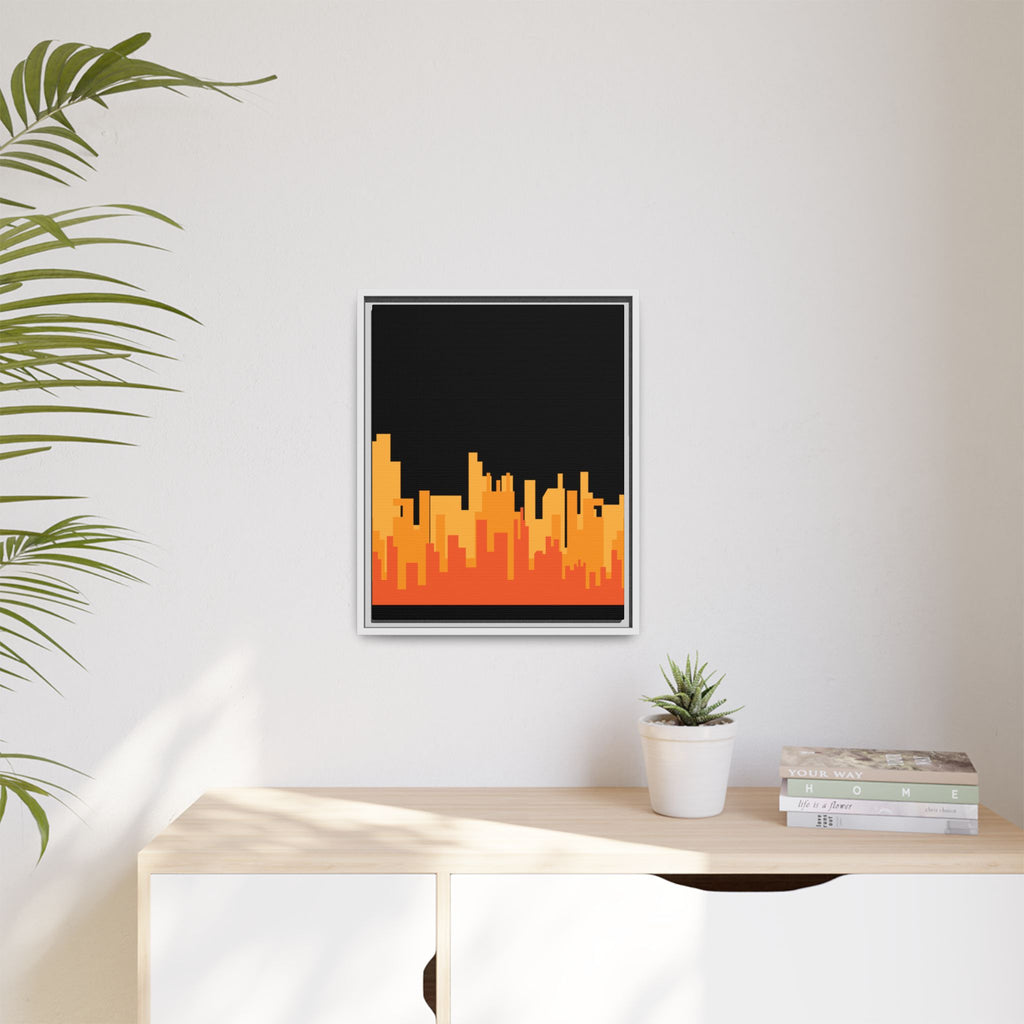City Skyline Matte Canvas Print — Modern Pixelated Orange Urban Art (Framed)