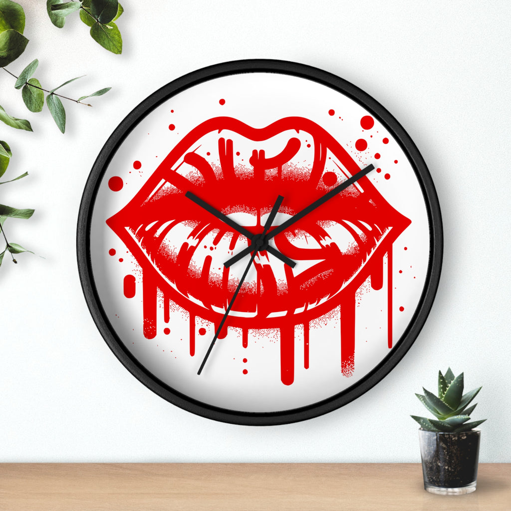 Red Graffiti Kiss Wall Clock on White — Bold Drip Lip Art Clock