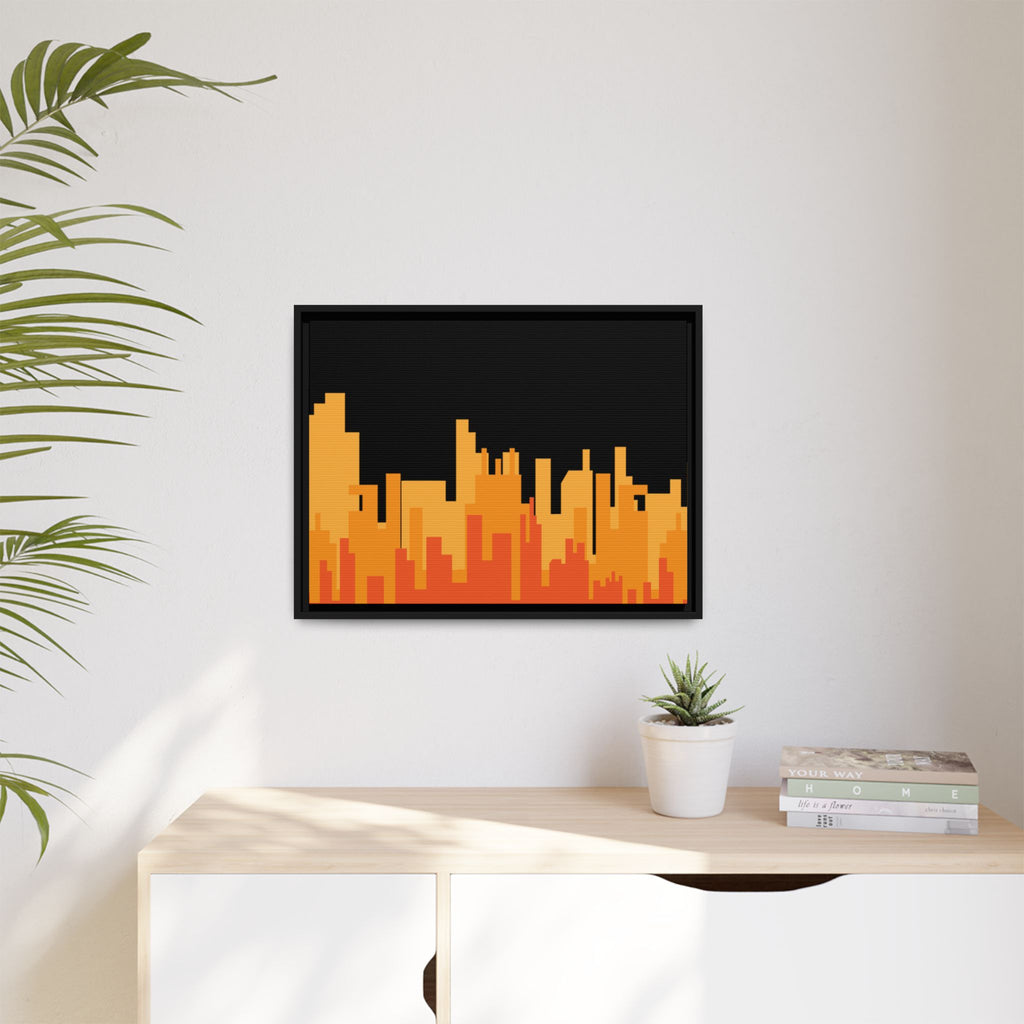 City Skyline Matte Canvas Print — Modern Pixelated Orange Urban Art (Framed)