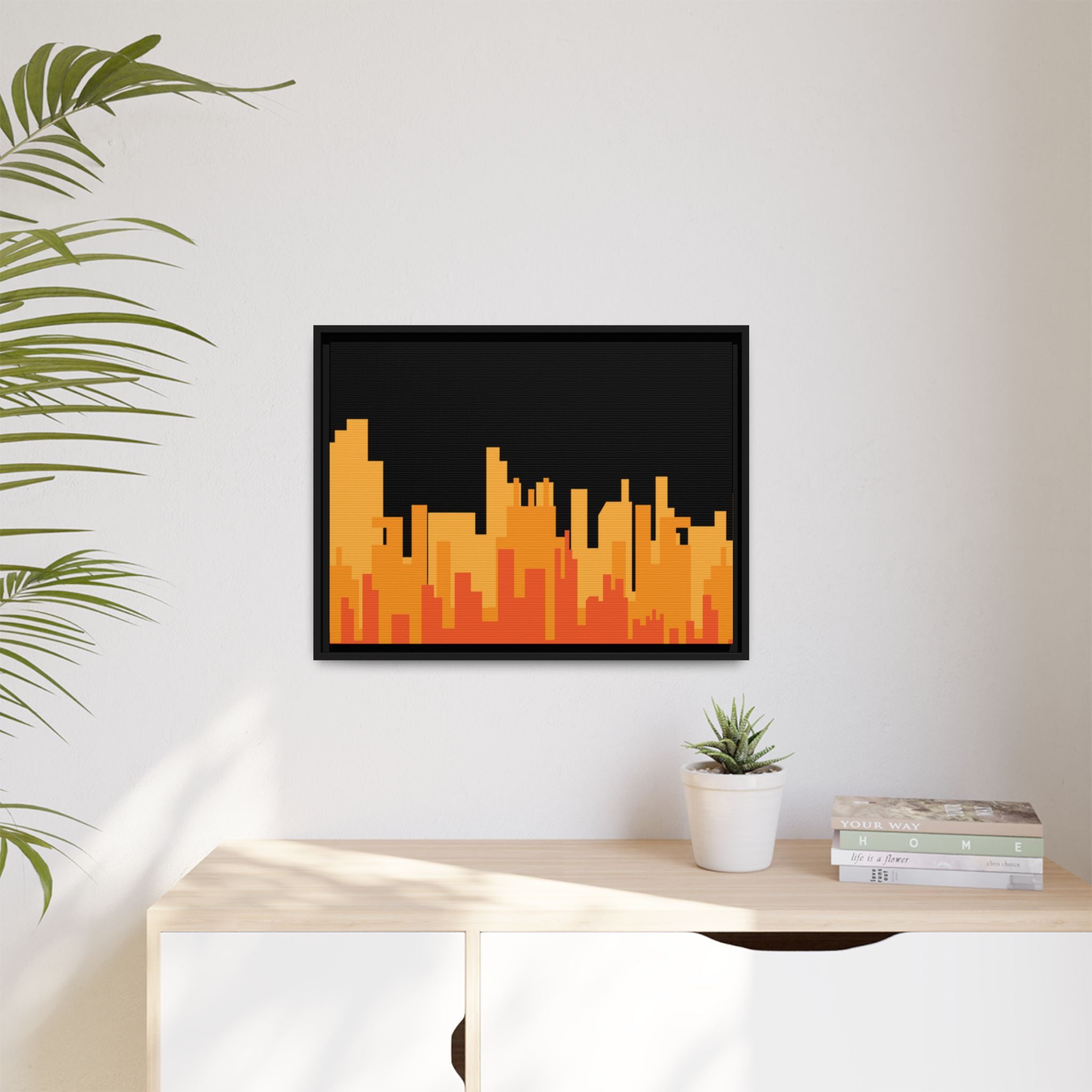 City Skyline Matte Canvas Print — Modern Pixelated Orange Urban Art (Framed)