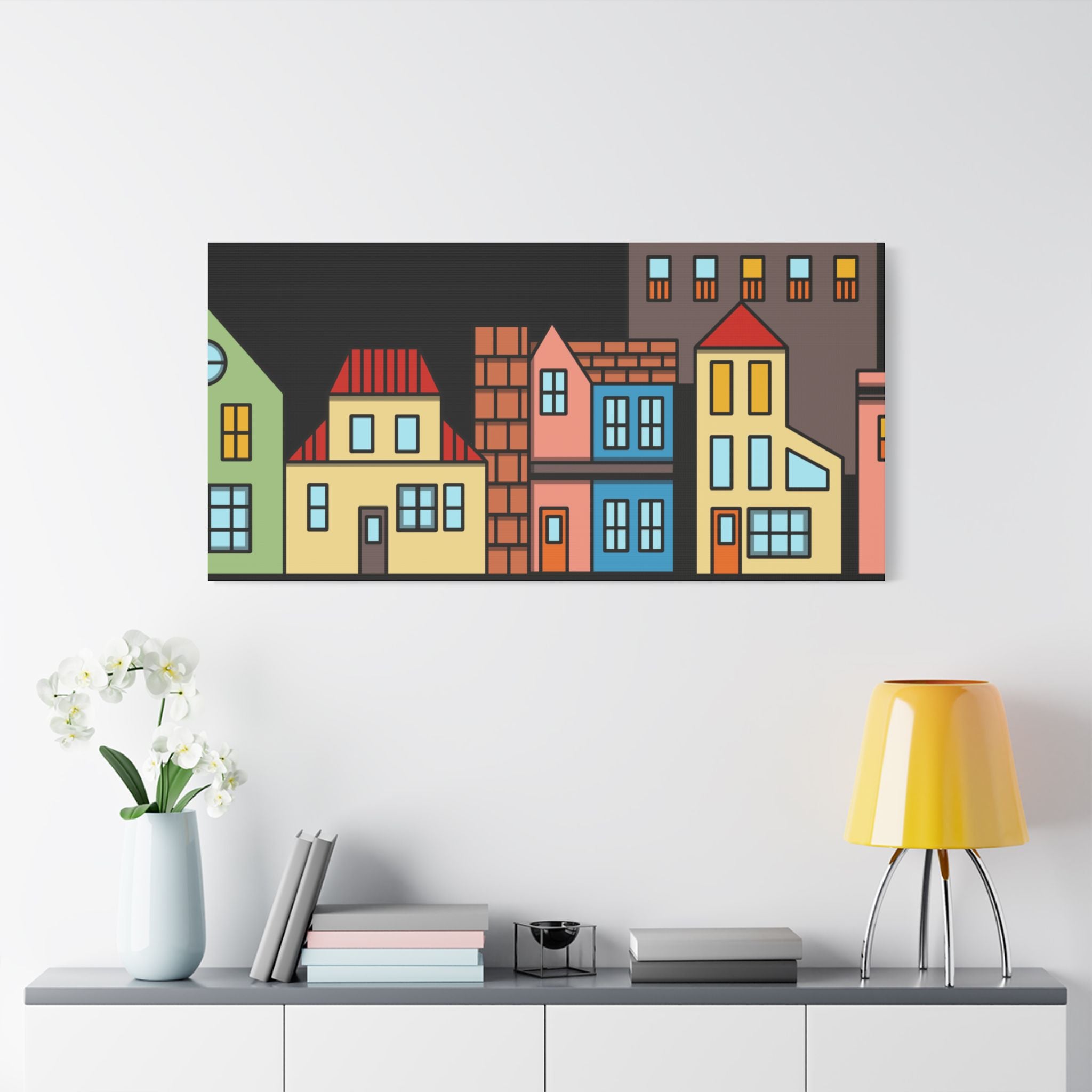 Colorful Row Houses Satin Canvas Wall Art — Stretched Cityscape Print