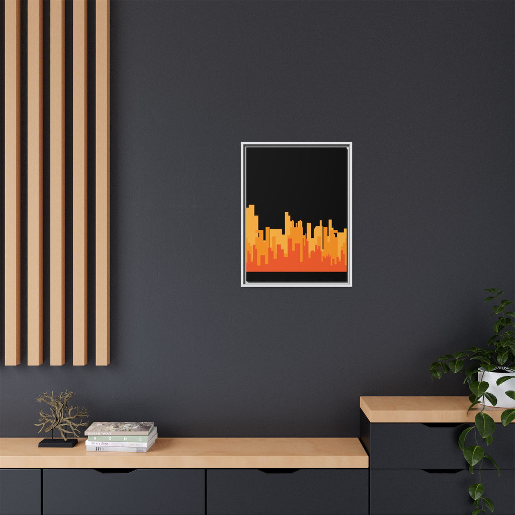 City Skyline Matte Canvas Print — Modern Pixelated Orange Urban Art (Framed)