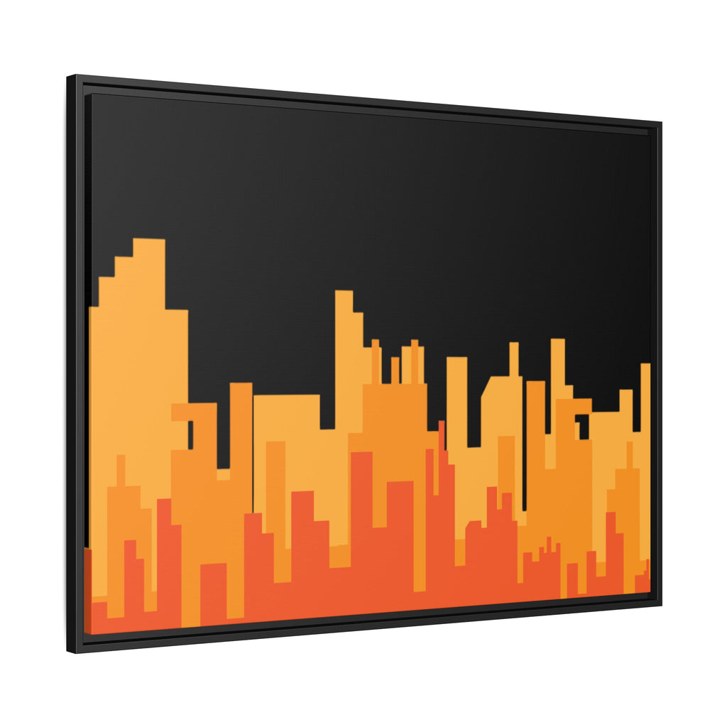 City Skyline Matte Canvas Print — Modern Pixelated Orange Urban Art (Framed)