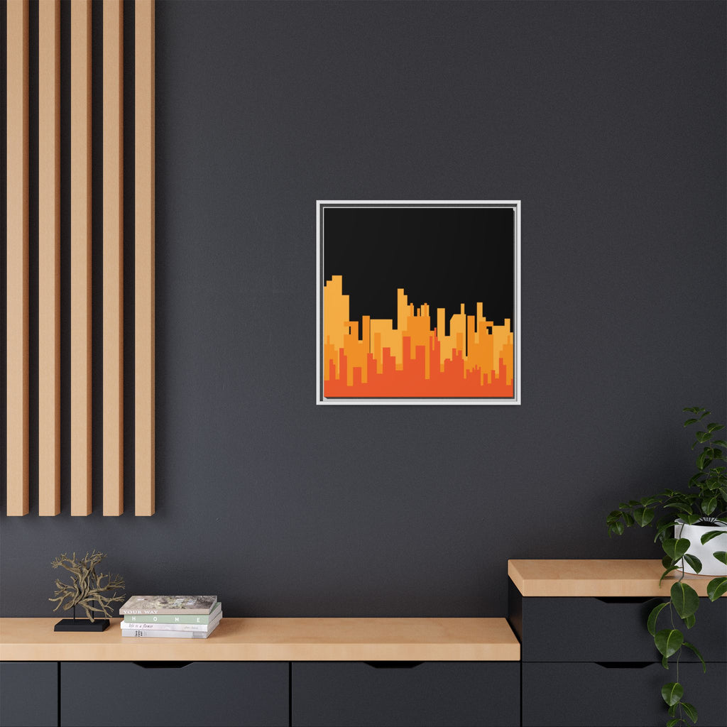 City Skyline Matte Canvas Print — Modern Pixelated Orange Urban Art (Framed)