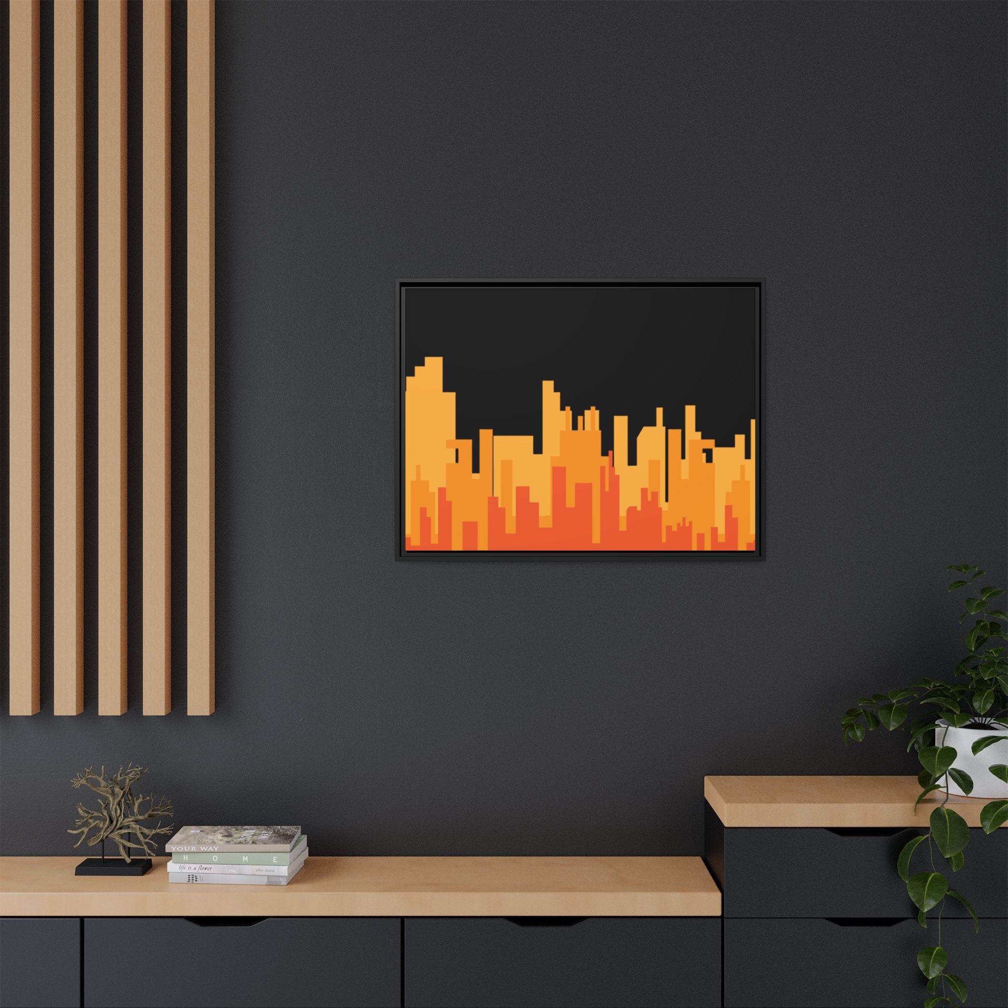 City Skyline Matte Canvas Print — Modern Pixelated Orange Urban Art (Framed)