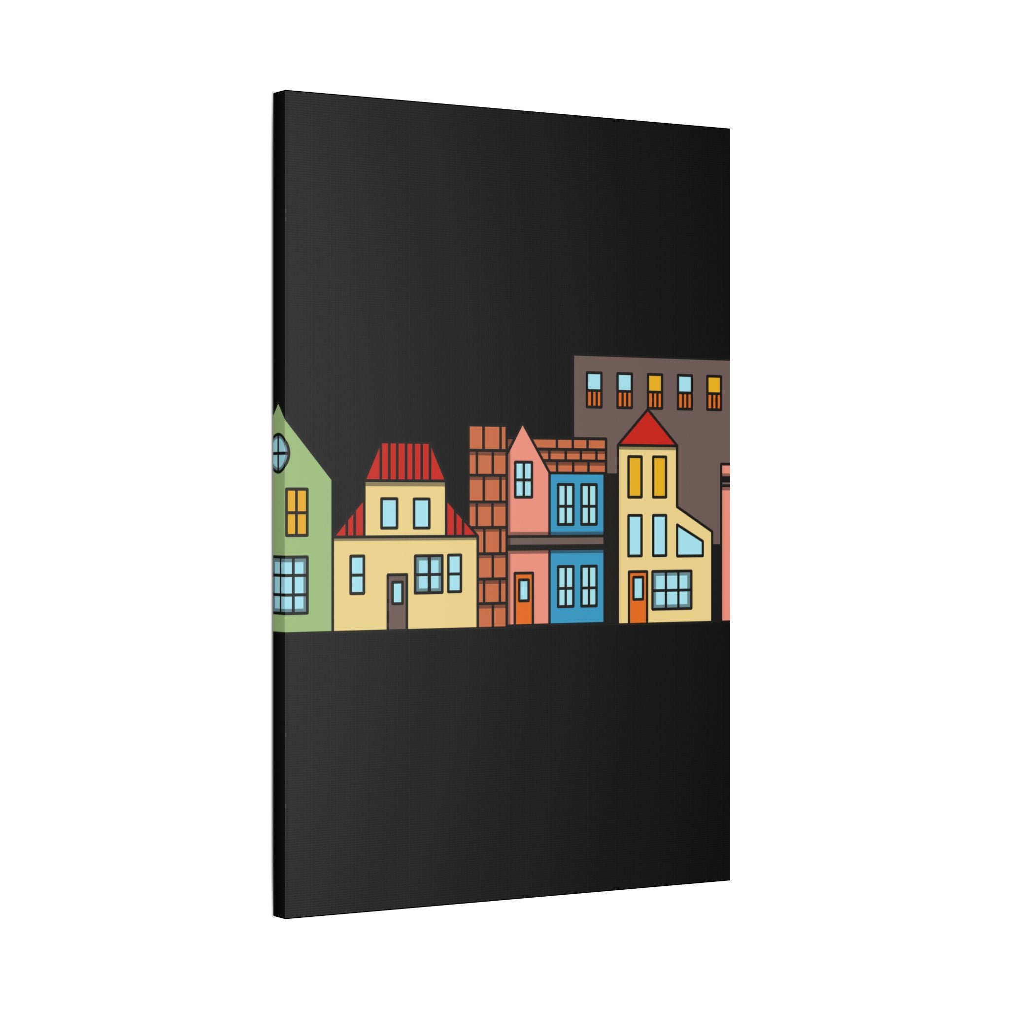 Colorful Row Houses Satin Canvas Wall Art — Stretched Cityscape Print