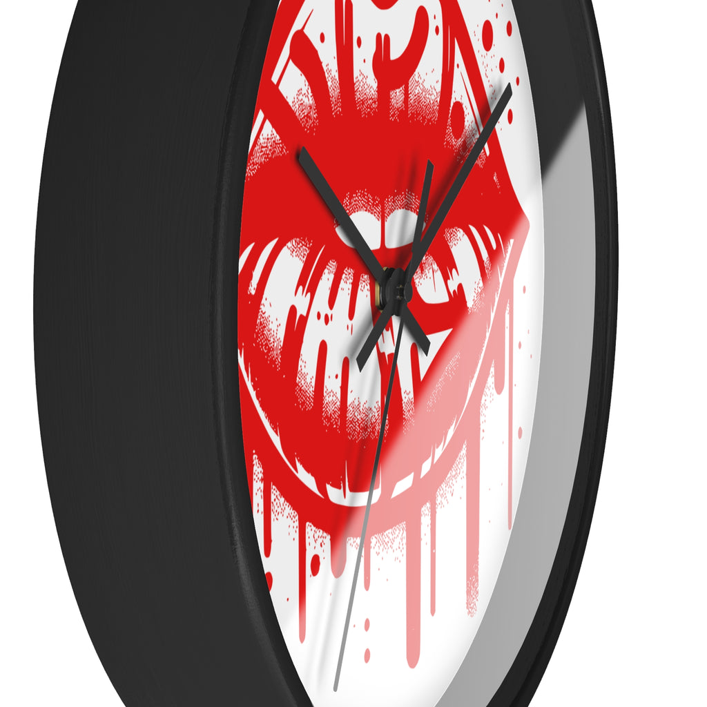 Red Graffiti Kiss Wall Clock on White — Bold Drip Lip Art Clock