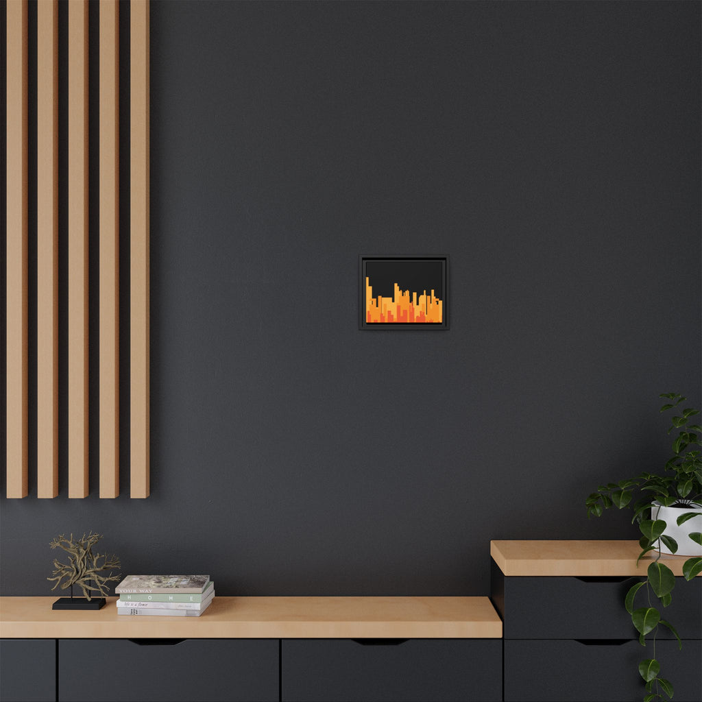 City Skyline Matte Canvas Print — Modern Pixelated Orange Urban Art (Framed)