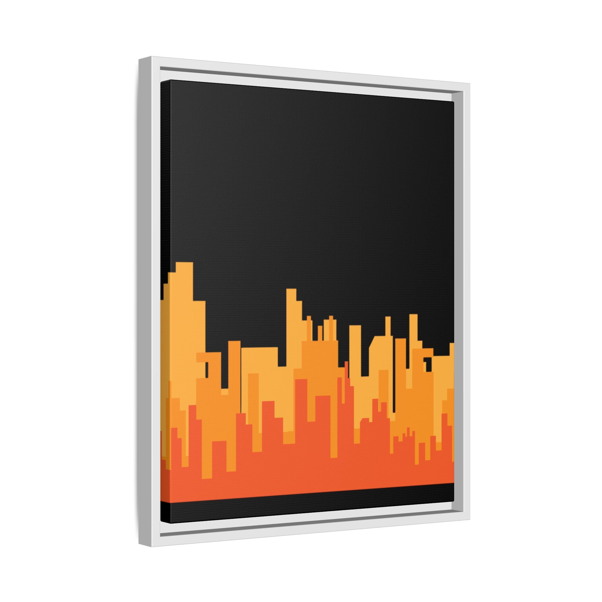 City Skyline Matte Canvas Print — Modern Pixelated Orange Urban Art (Framed)