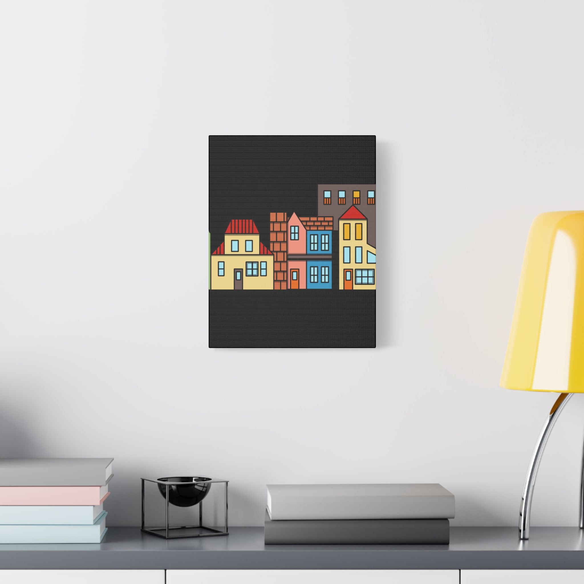 Colorful Row Houses Satin Canvas Wall Art — Stretched Cityscape Print