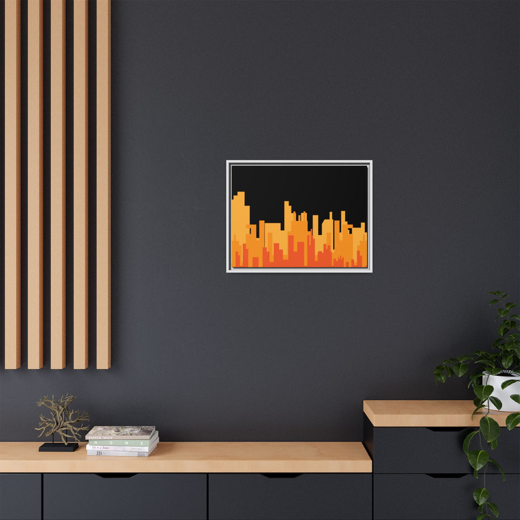 City Skyline Matte Canvas Print — Modern Pixelated Orange Urban Art (Framed)