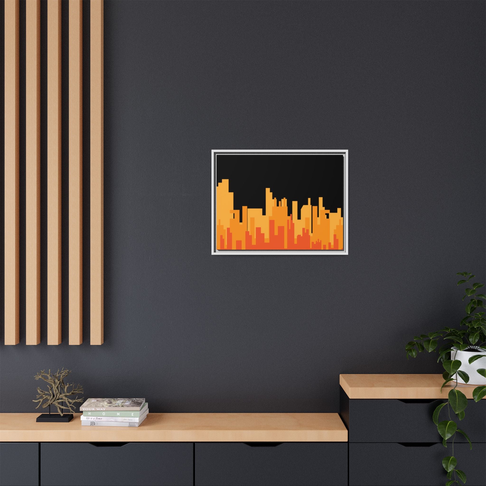 City Skyline Matte Canvas Print — Modern Pixelated Orange Urban Art (Framed)