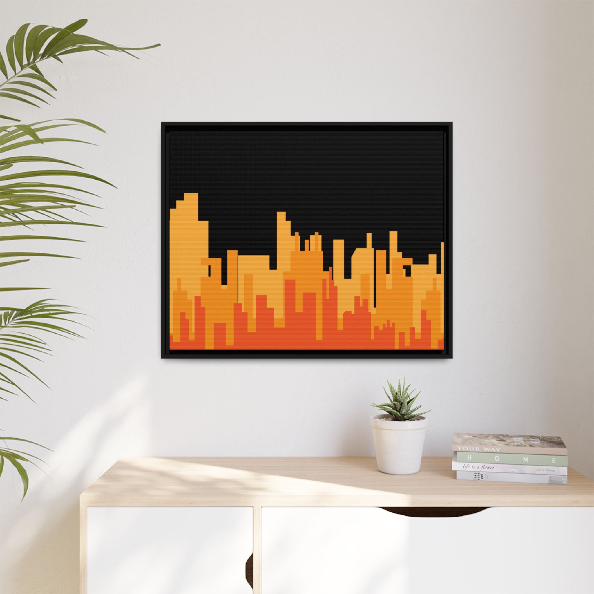 City Skyline Matte Canvas Print — Modern Pixelated Orange Urban Art (Framed)