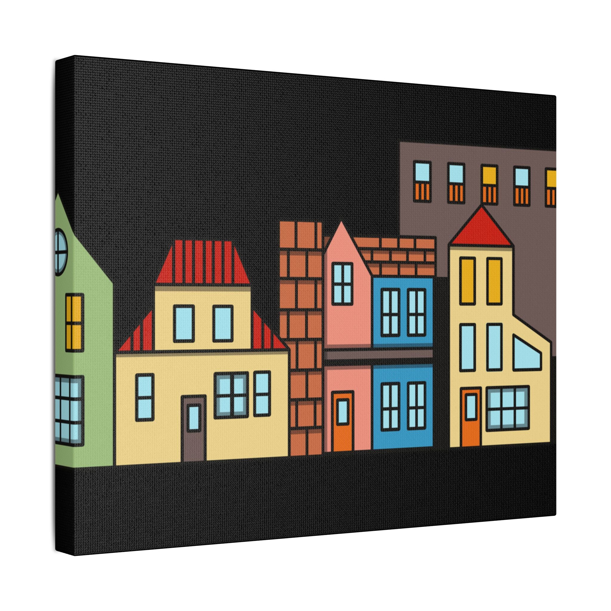Colorful Row Houses Satin Canvas Wall Art — Stretched Cityscape Print