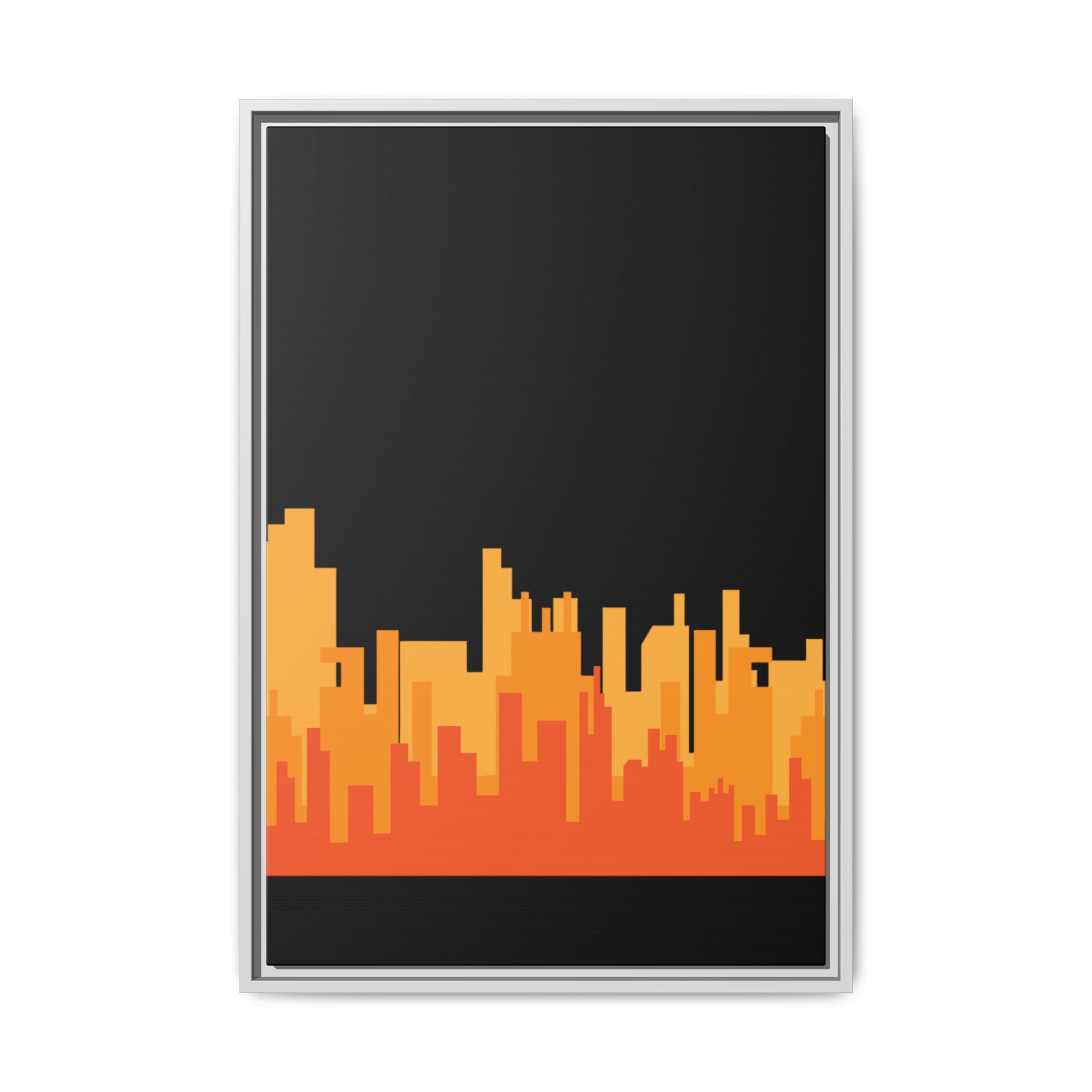 City Skyline Matte Canvas Print — Modern Pixelated Orange Urban Art (Framed)