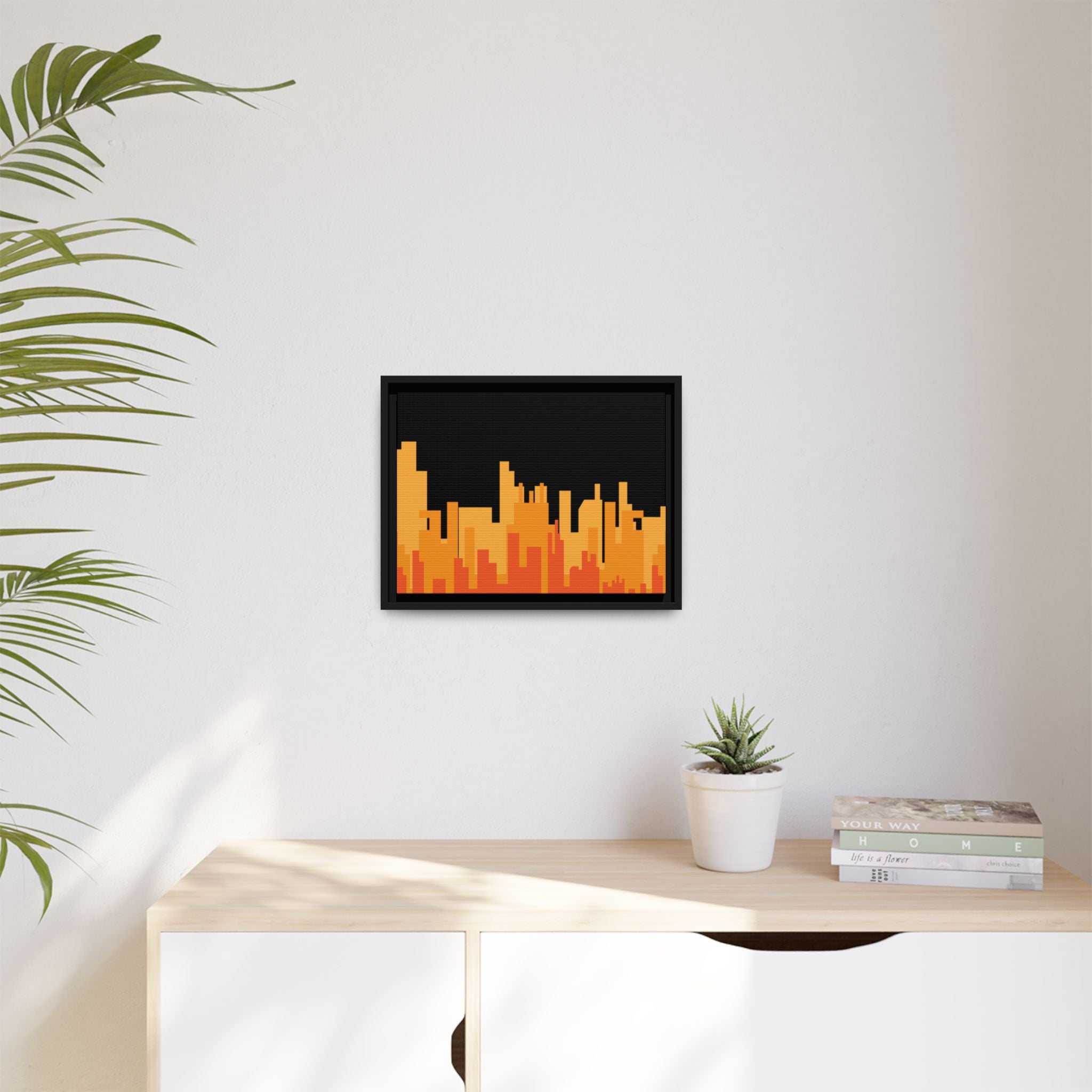 City Skyline Matte Canvas Print — Modern Pixelated Orange Urban Art (Framed)