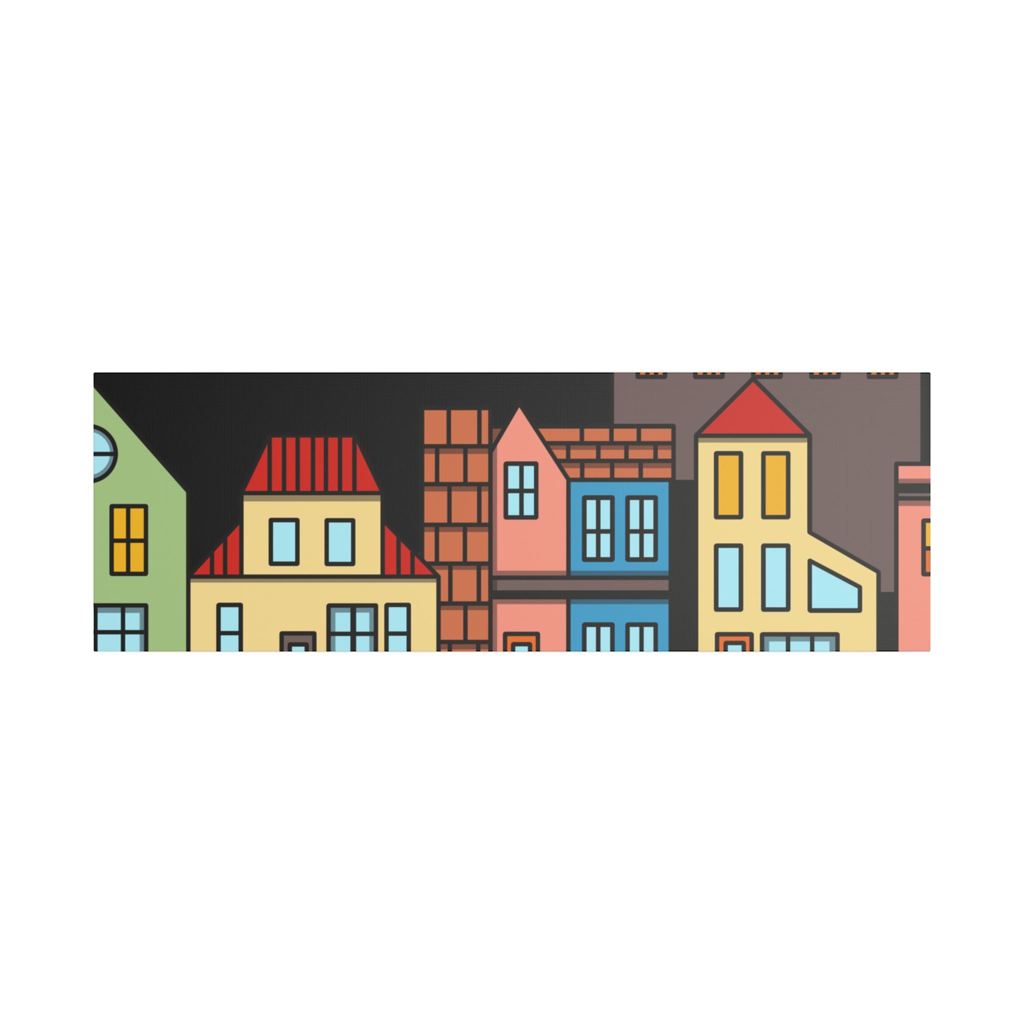 Colorful Row Houses Satin Canvas Wall Art — Stretched Cityscape Print