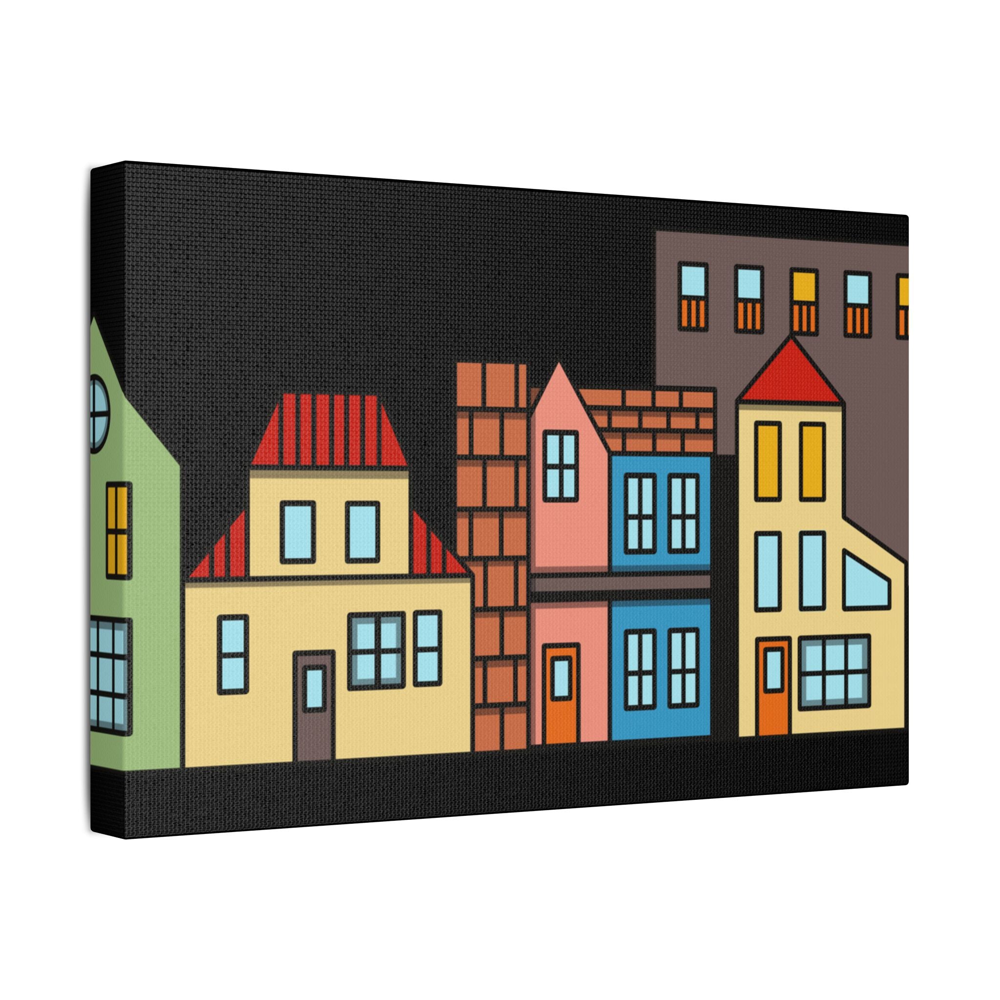 Colorful Row Houses Satin Canvas Wall Art — Stretched Cityscape Print
