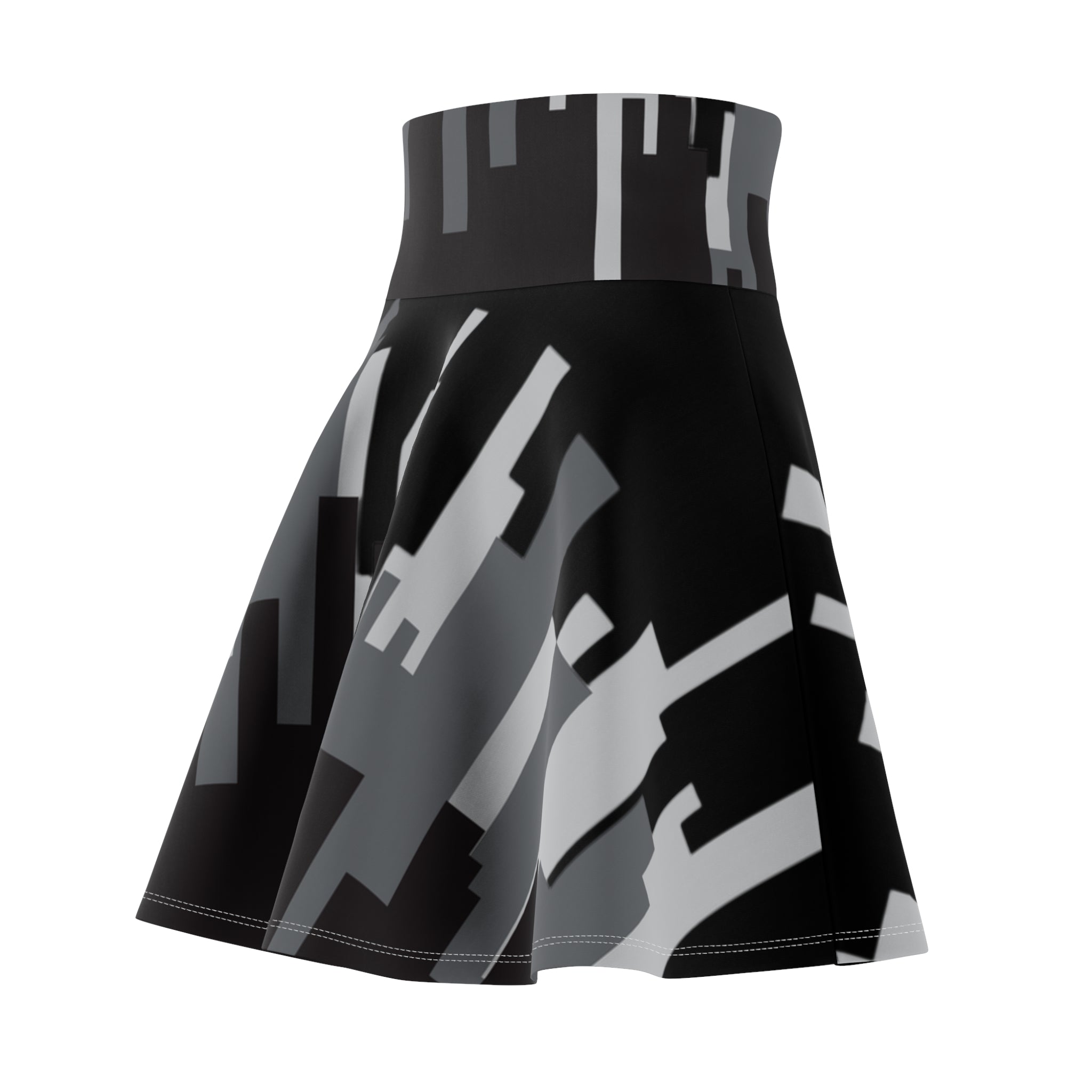 Black Urban Abstract Women's Skater Skirt, Fashionable AOP Skirt, Casual Wear, Summer Style, Unique Design, Streetwear
