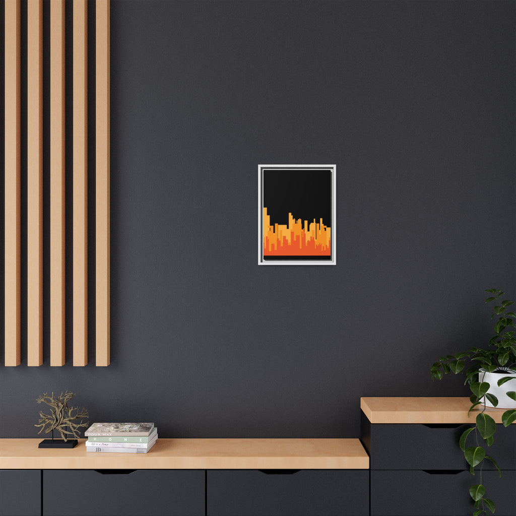 City Skyline Matte Canvas Print — Modern Pixelated Orange Urban Art (Framed)