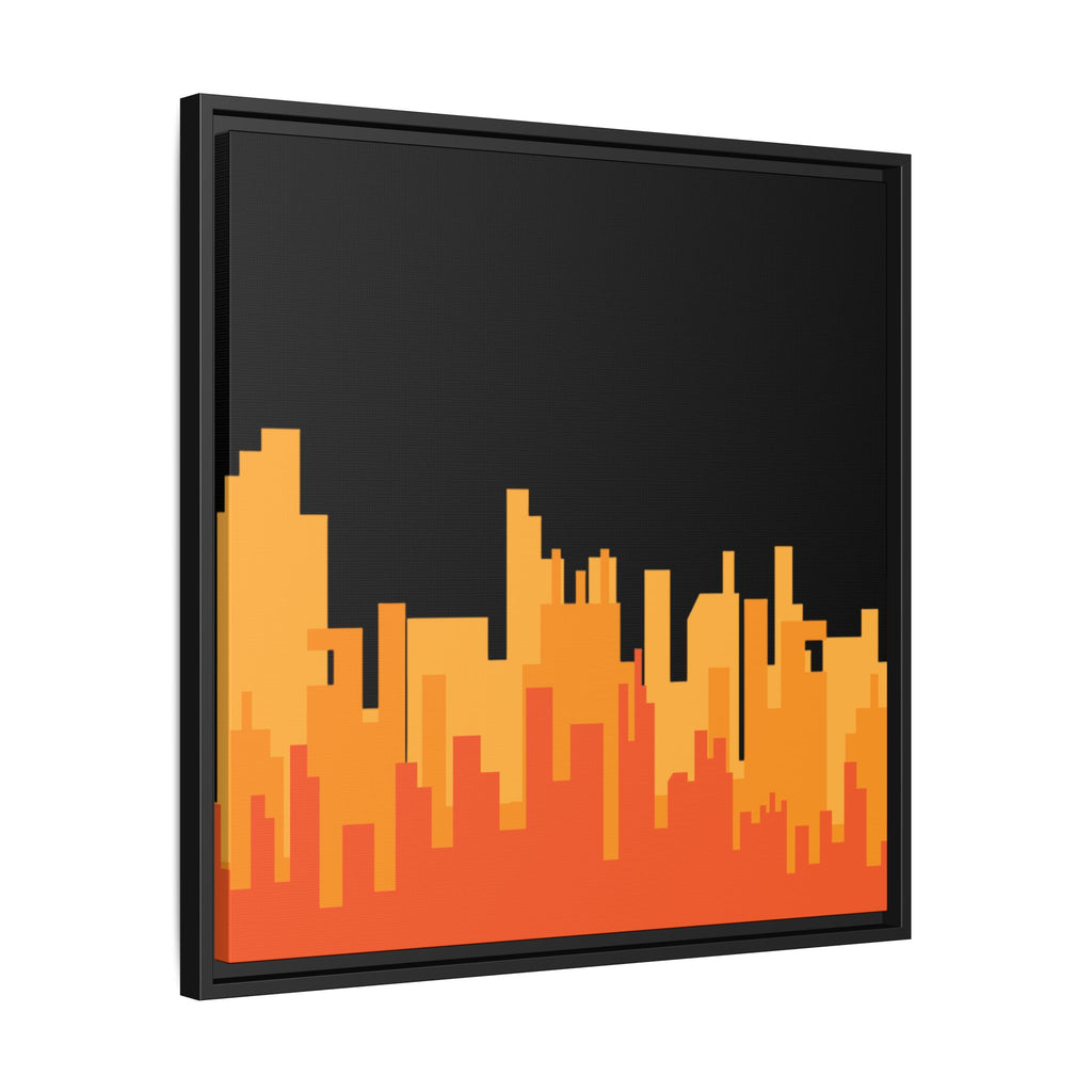 City Skyline Matte Canvas Print — Modern Pixelated Orange Urban Art (Framed)
