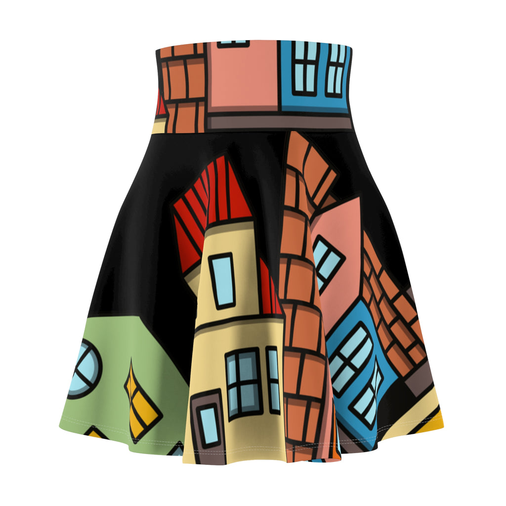 Black Whimsical House Print Skater Skirt, Playful Fashion, Casual Wear, Summer Style, Unique Gift, Trendy Outfit