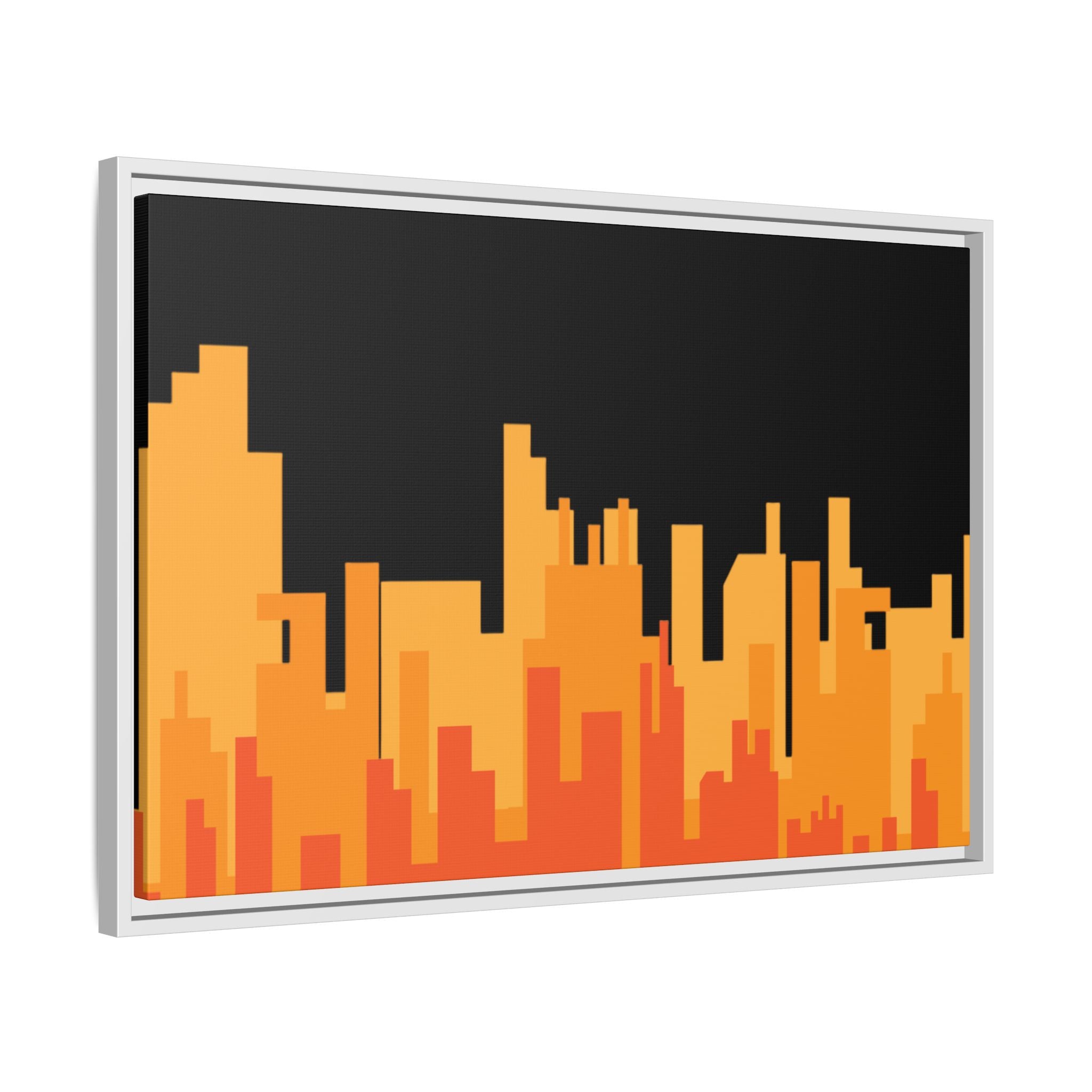 City Skyline Matte Canvas Print — Modern Pixelated Orange Urban Art (Framed)
